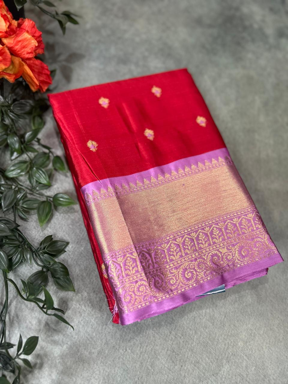 Red n light pink small semi Kanchi-12 saree