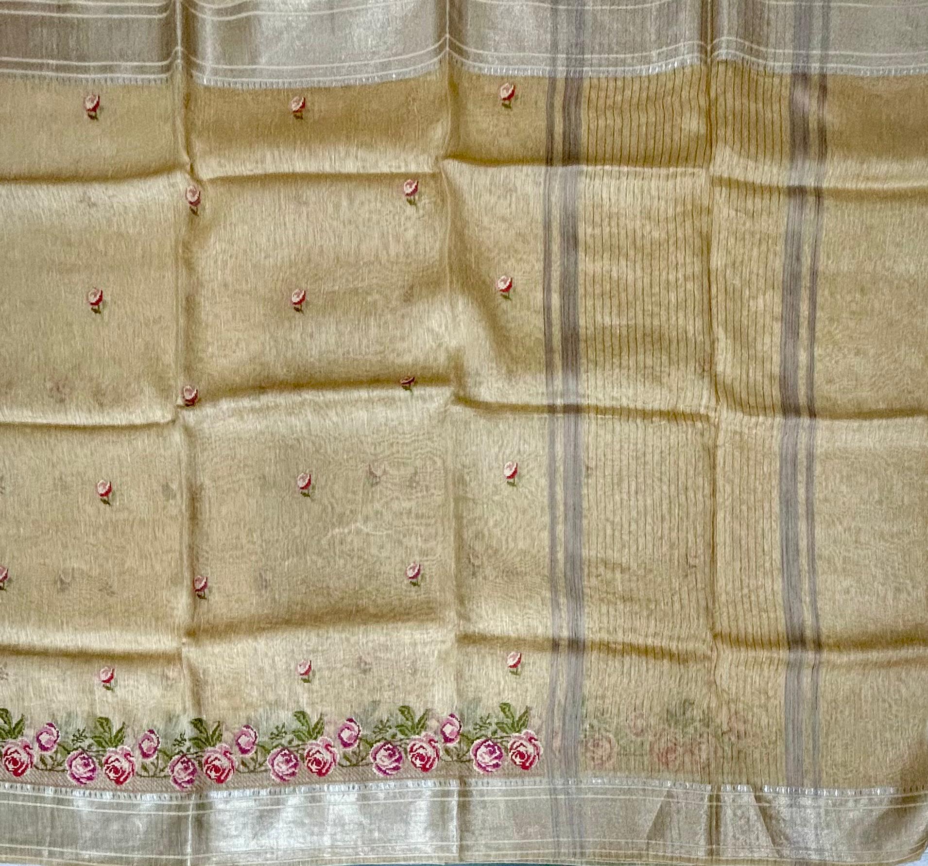 Golden cream pure linen tussar-101 saree