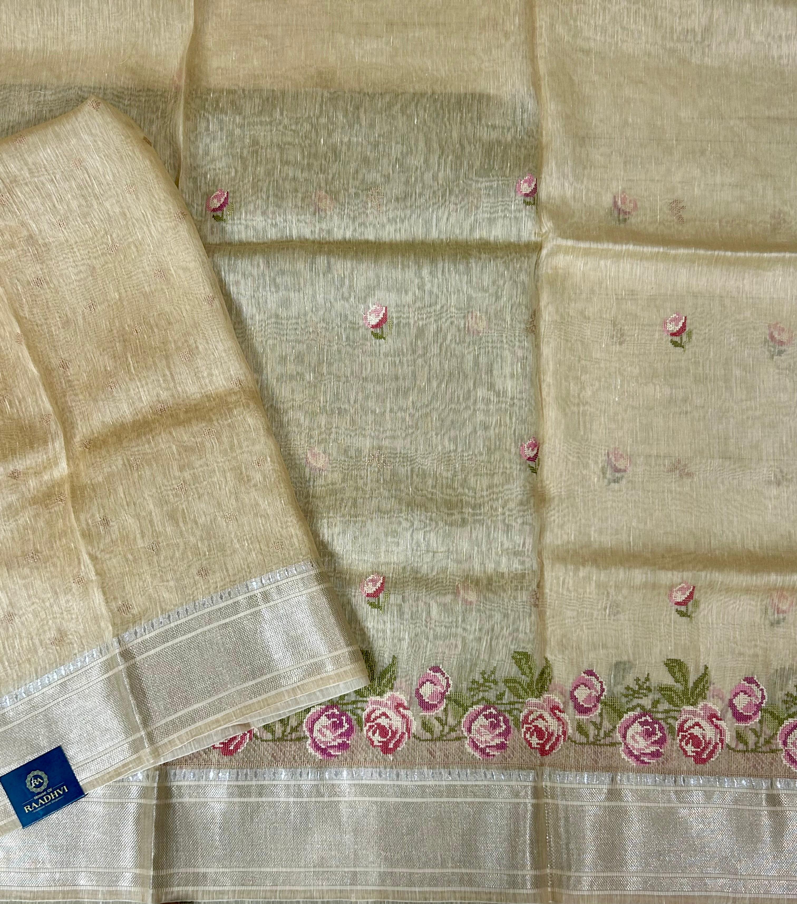 Golden cream pure linen tussar-101 saree