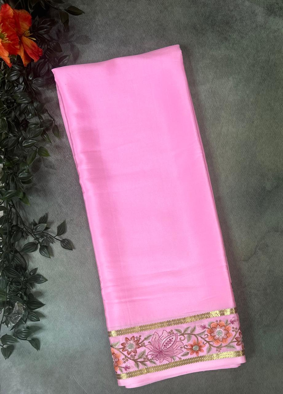 Baby pink embroidered pure mysore crepe-12 silk saree