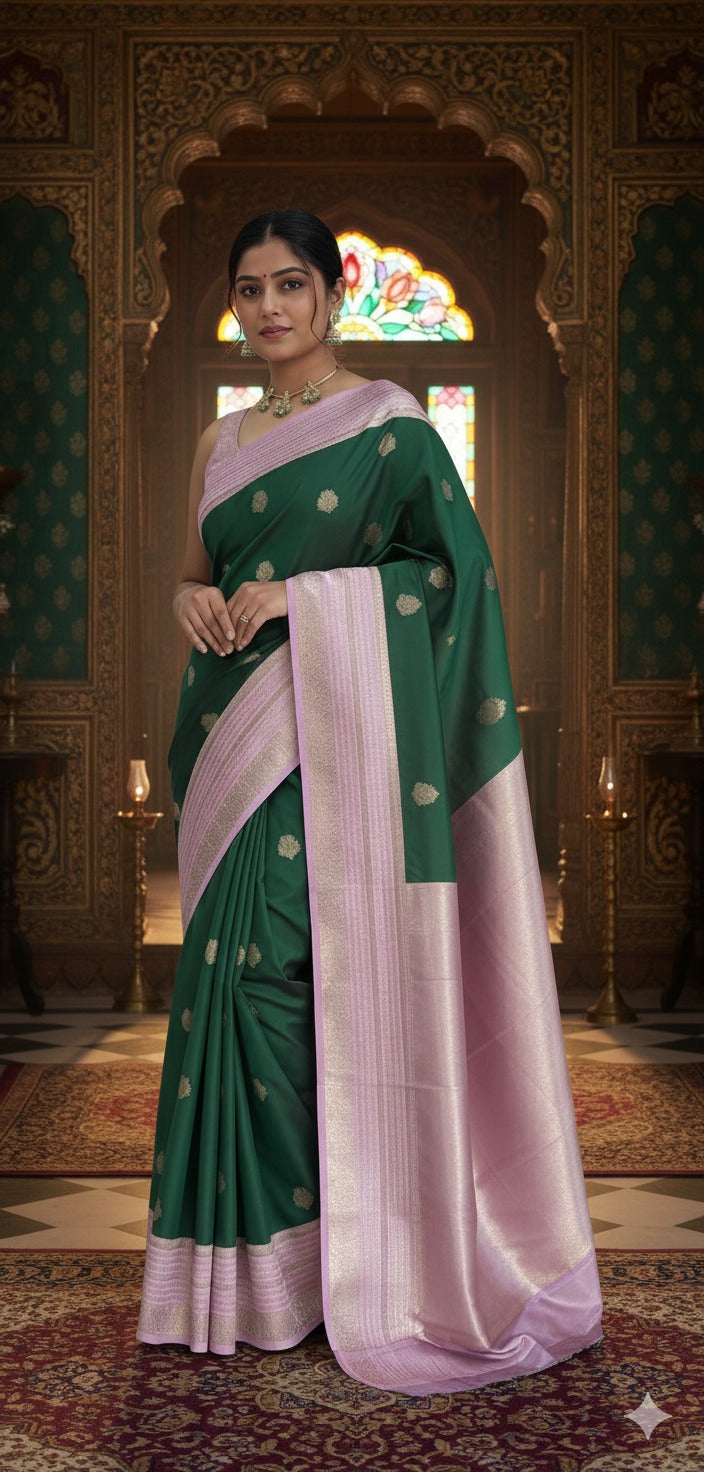 Bottle green n pink soft silk 05 saree