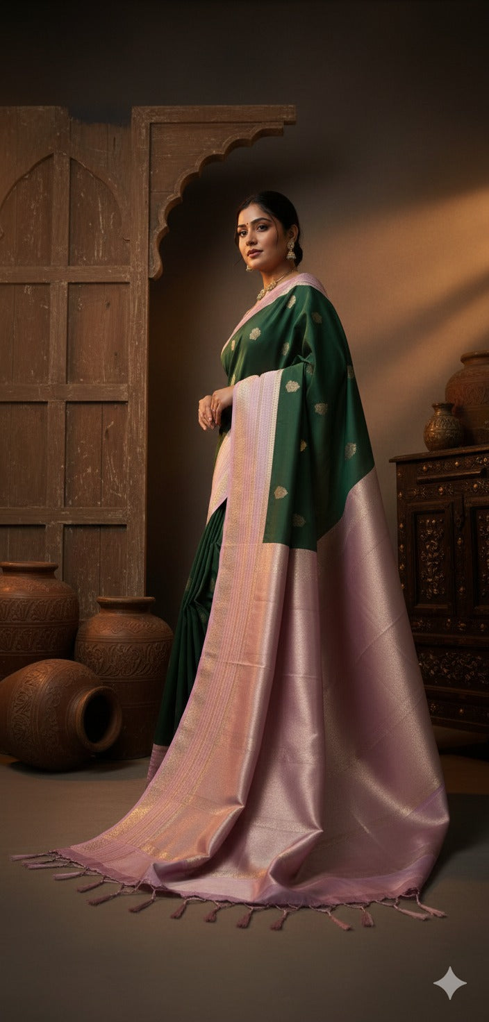 Bottle green n pink soft silk 05 saree