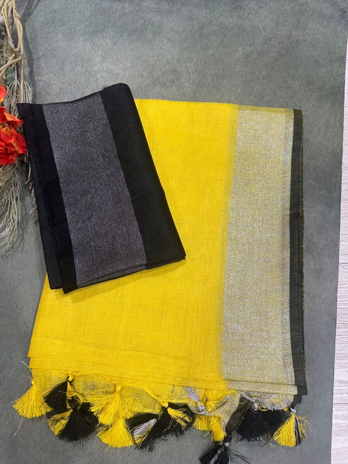 Yellow n black linen 101 saree