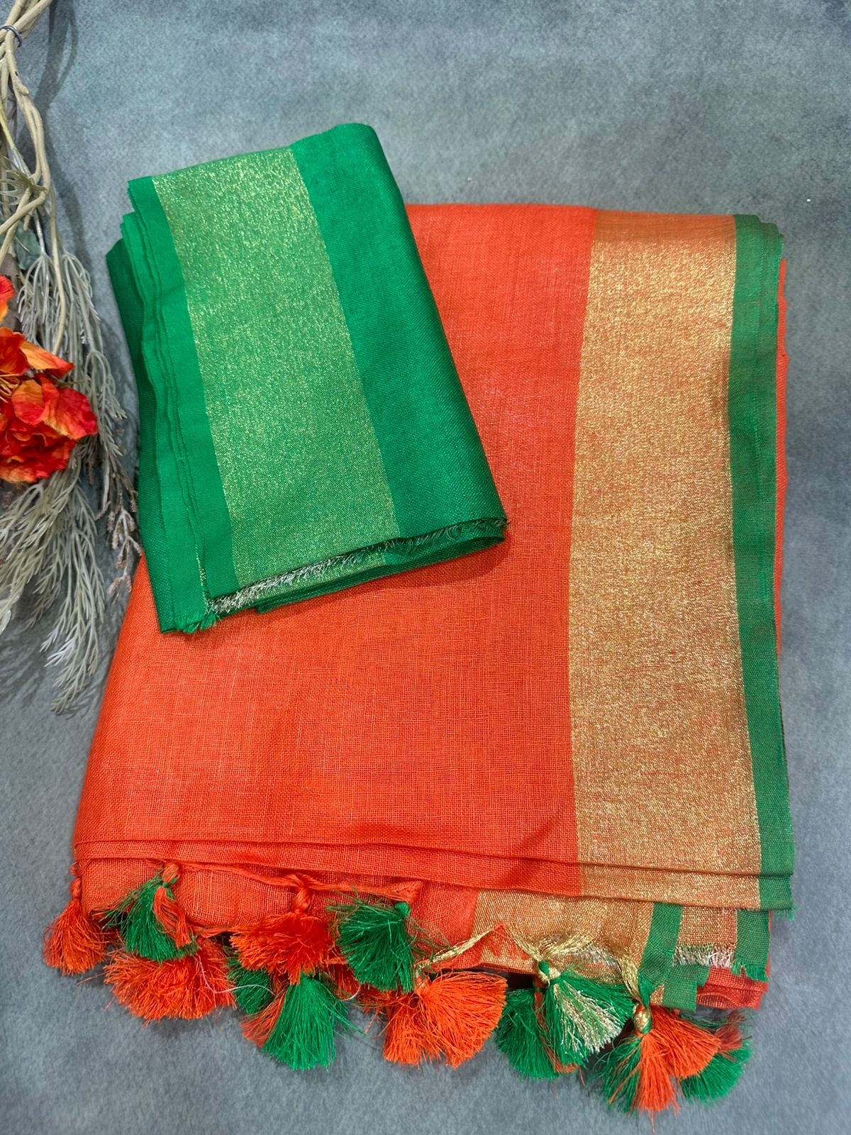 Orange n green linen 101 saree