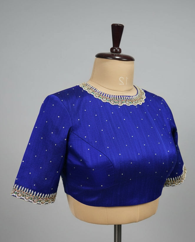 Blue pure raw silk hand work blouse 101
