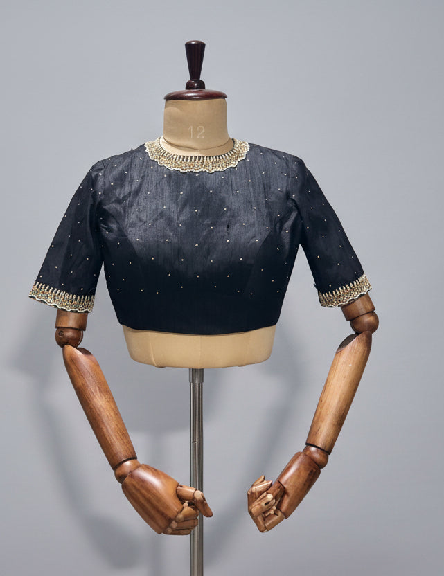 Black pure raw silk hand work blouse 101