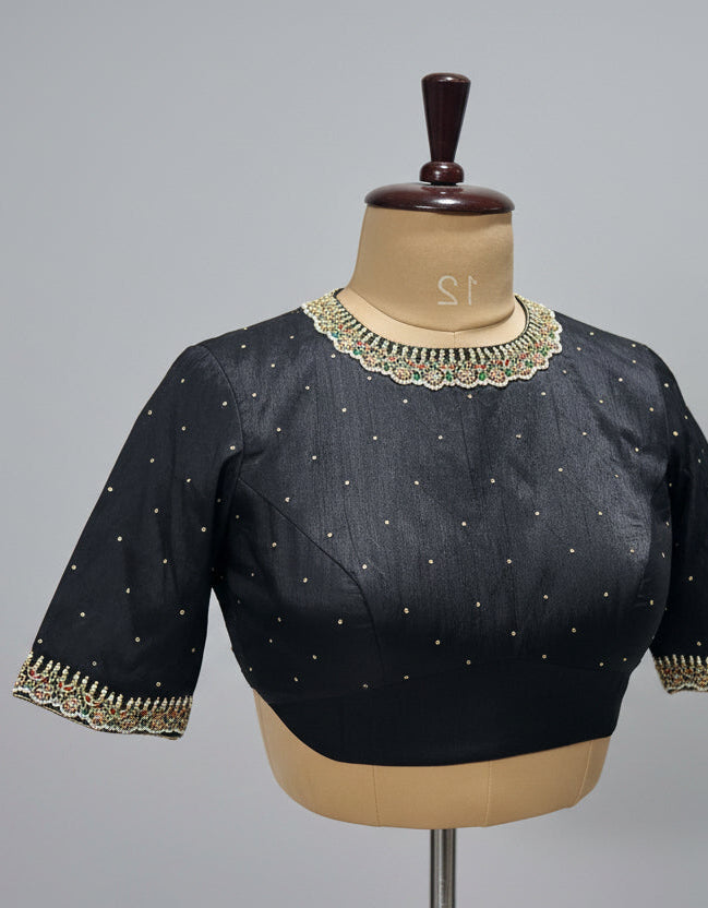 Black pure raw silk hand work blouse 101