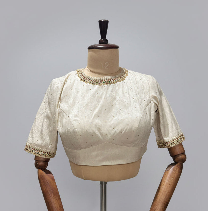 Cream pure raw silk hand work blouse 101