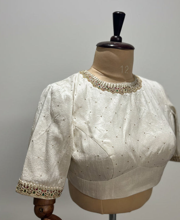 Cream pure raw silk hand work blouse 101
