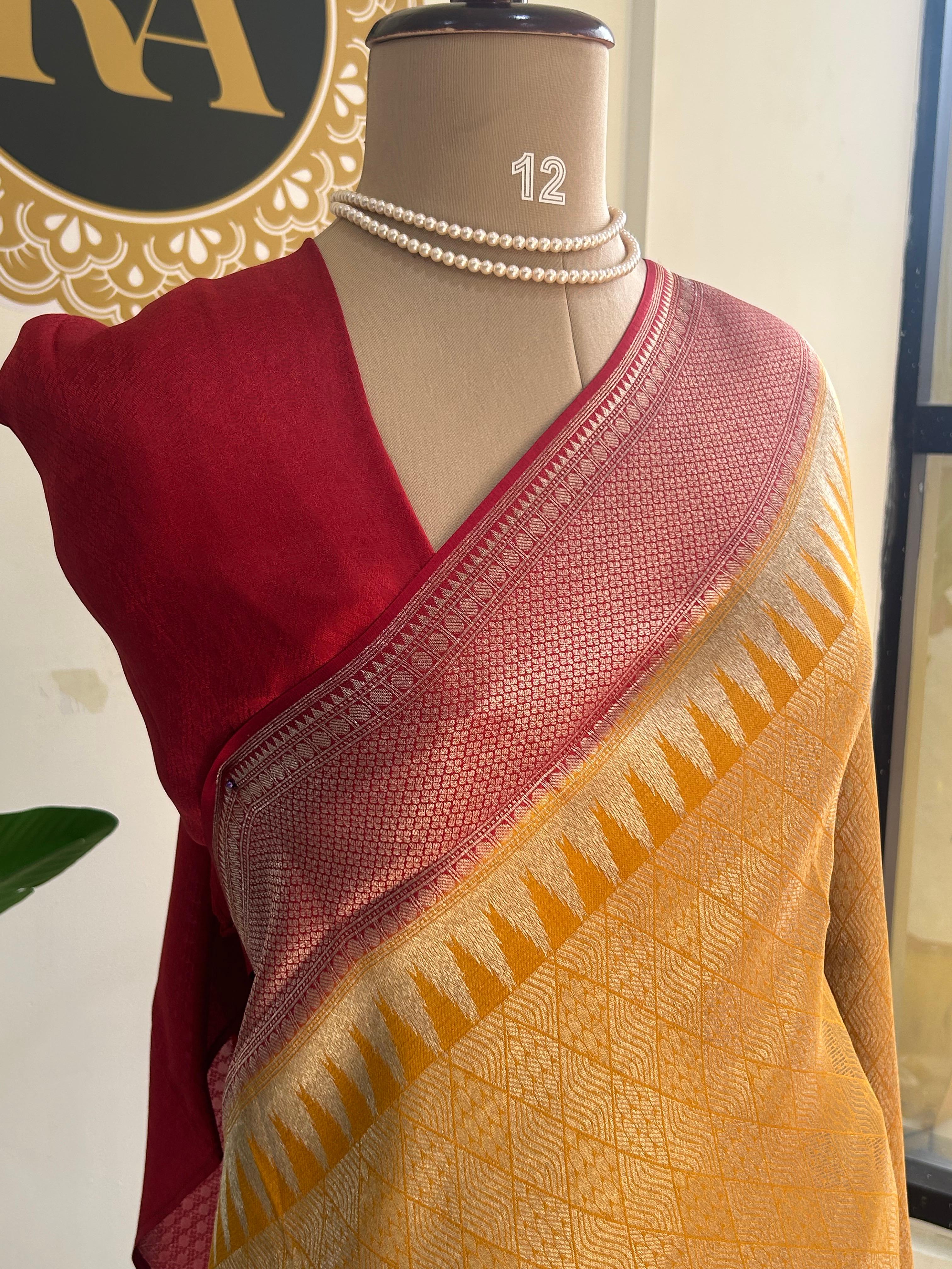 Yellow brocade tissue temple border saree