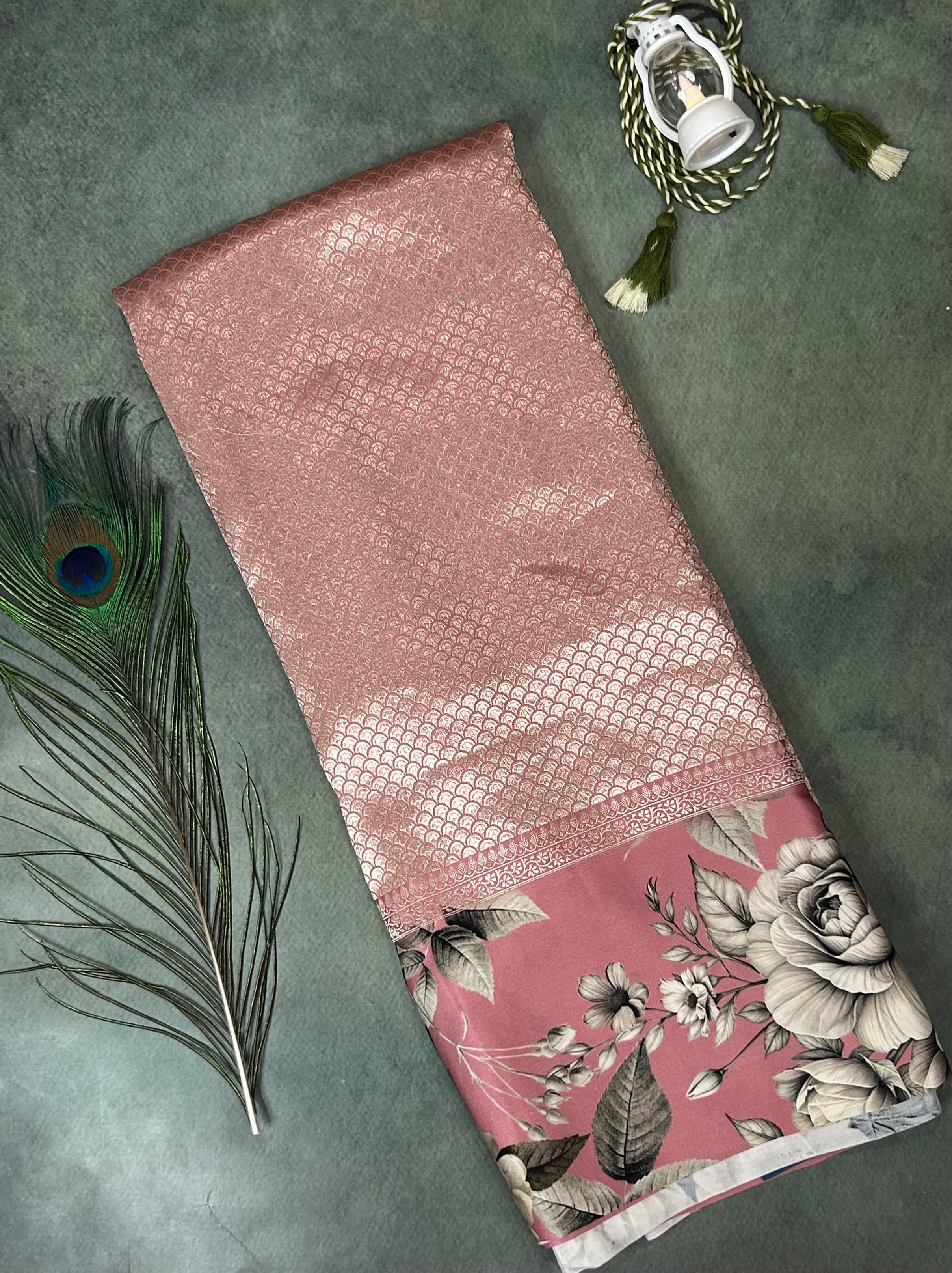 Onion pink digital print brocade pure mushru 101 saree