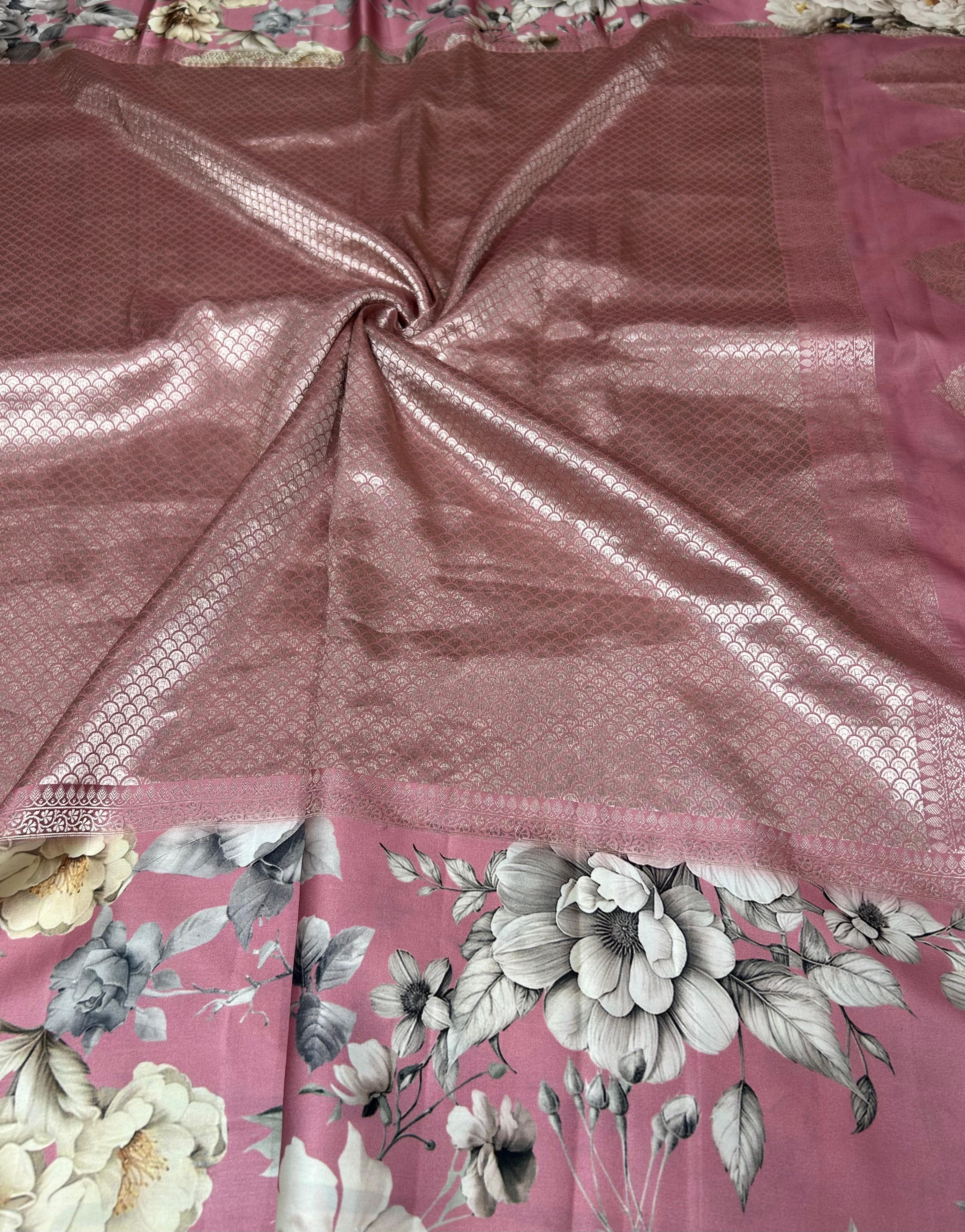 Onion pink digital print brocade pure mushru 101 saree