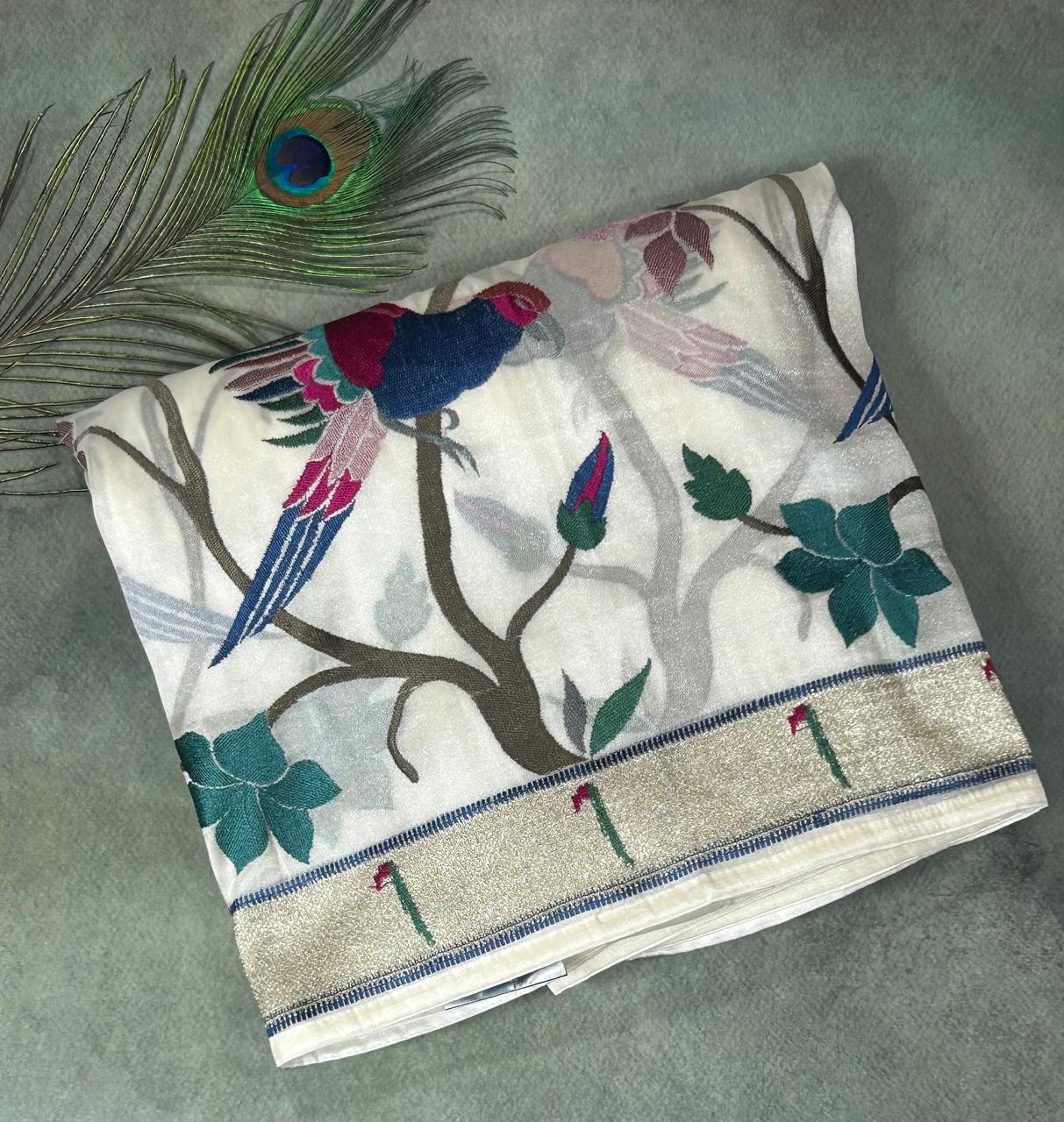 Cream small border tissue paithani 102 saree