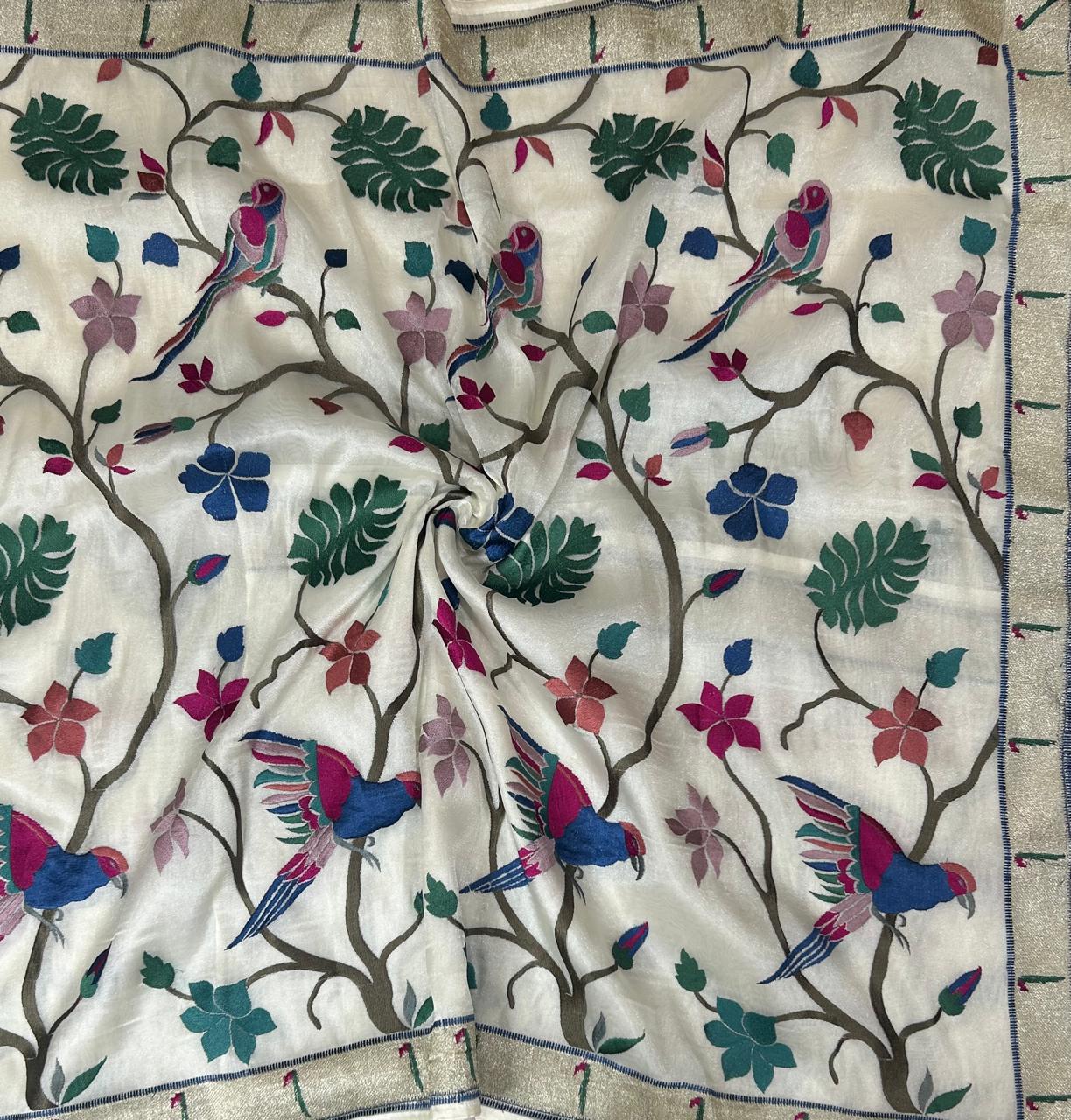 Cream small border tissue paithani 102 saree