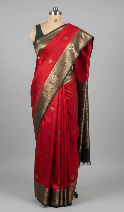 Red n bottle green small butta pure raw silk 102 saree