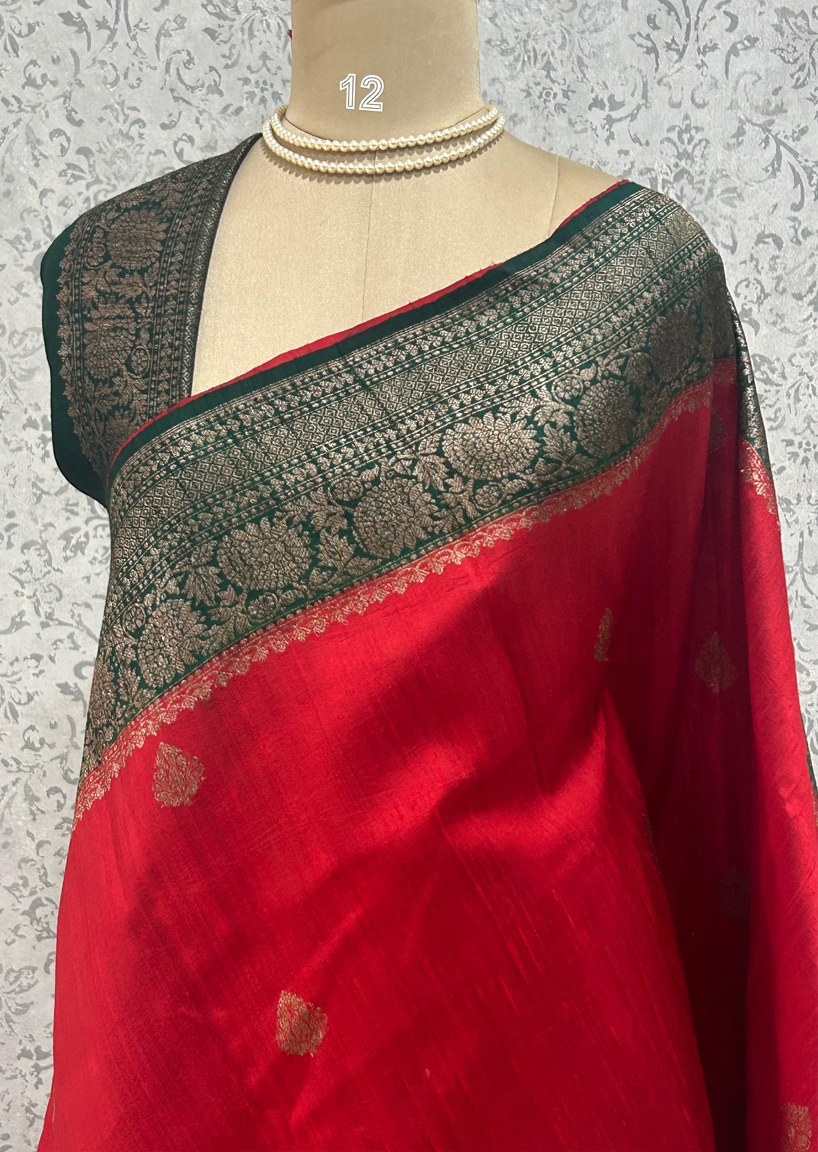 Red n bottle green small butta pure raw silk 102 saree