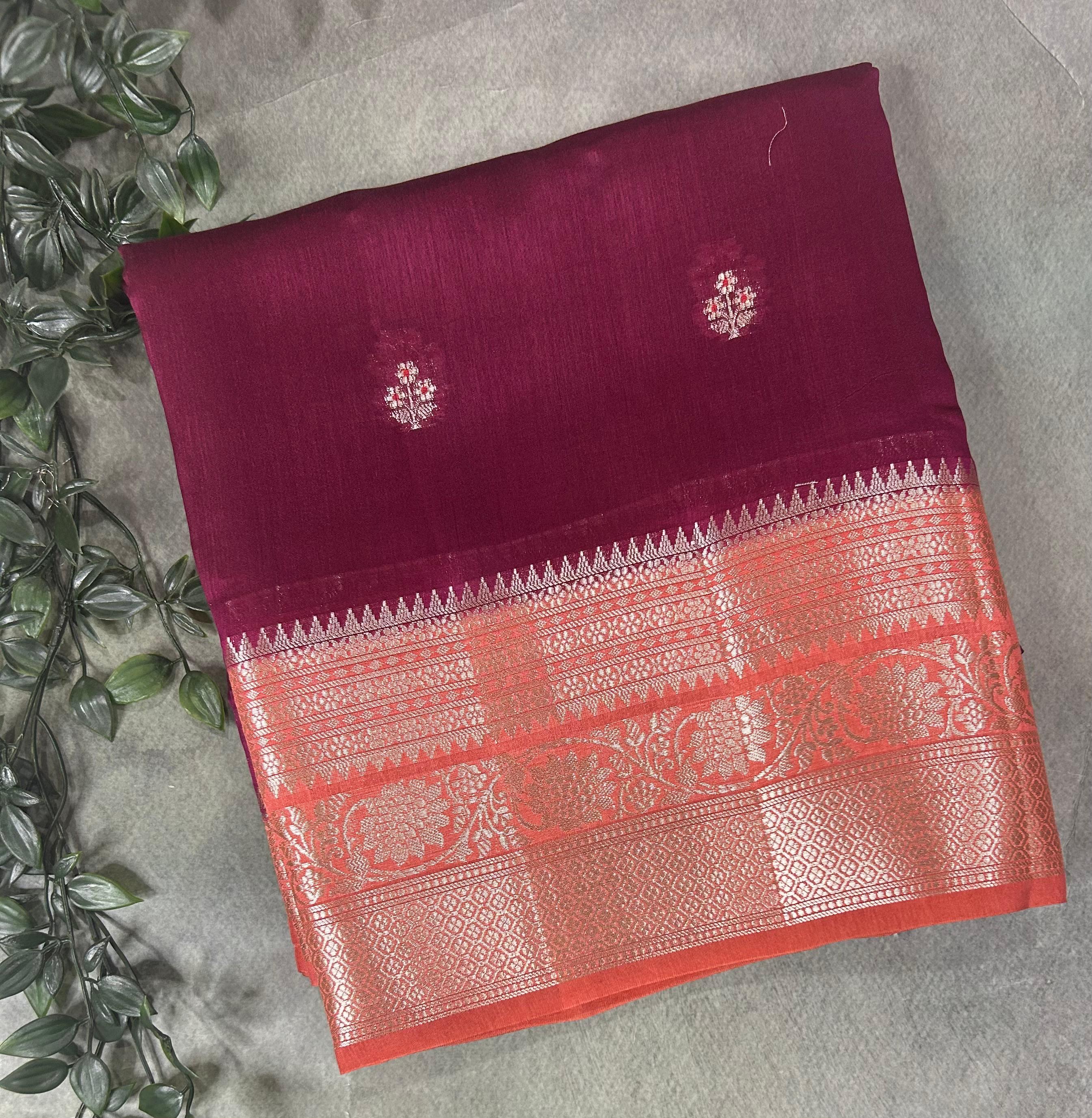 Light wine contrast small butta chiniya silk 102 saree