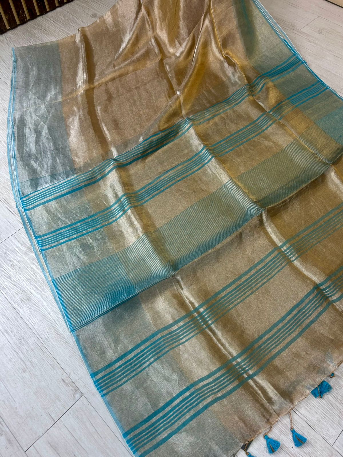 Light blue n gold pure silk linen tissue saree