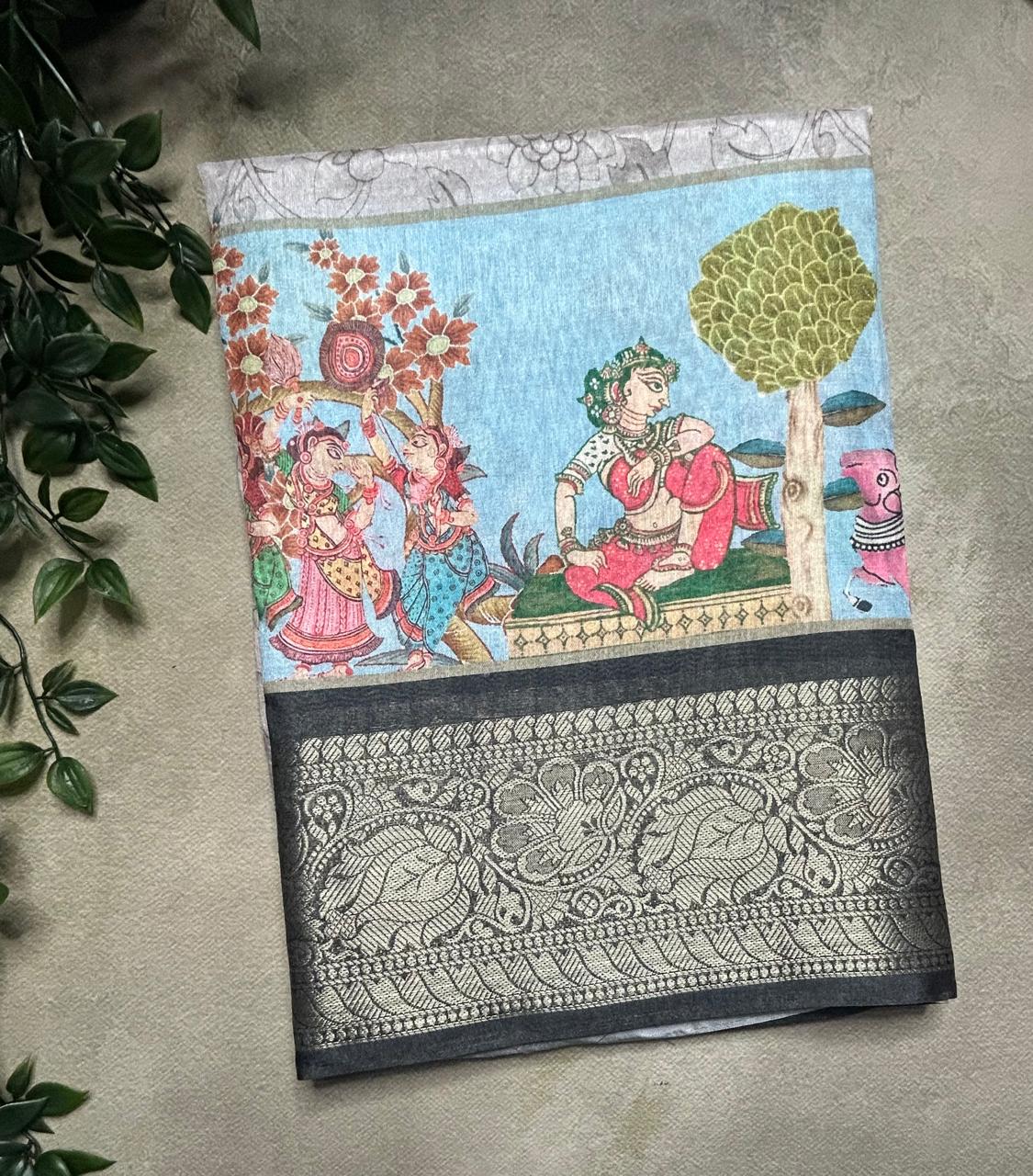 Light grey digital print semi crepe saree