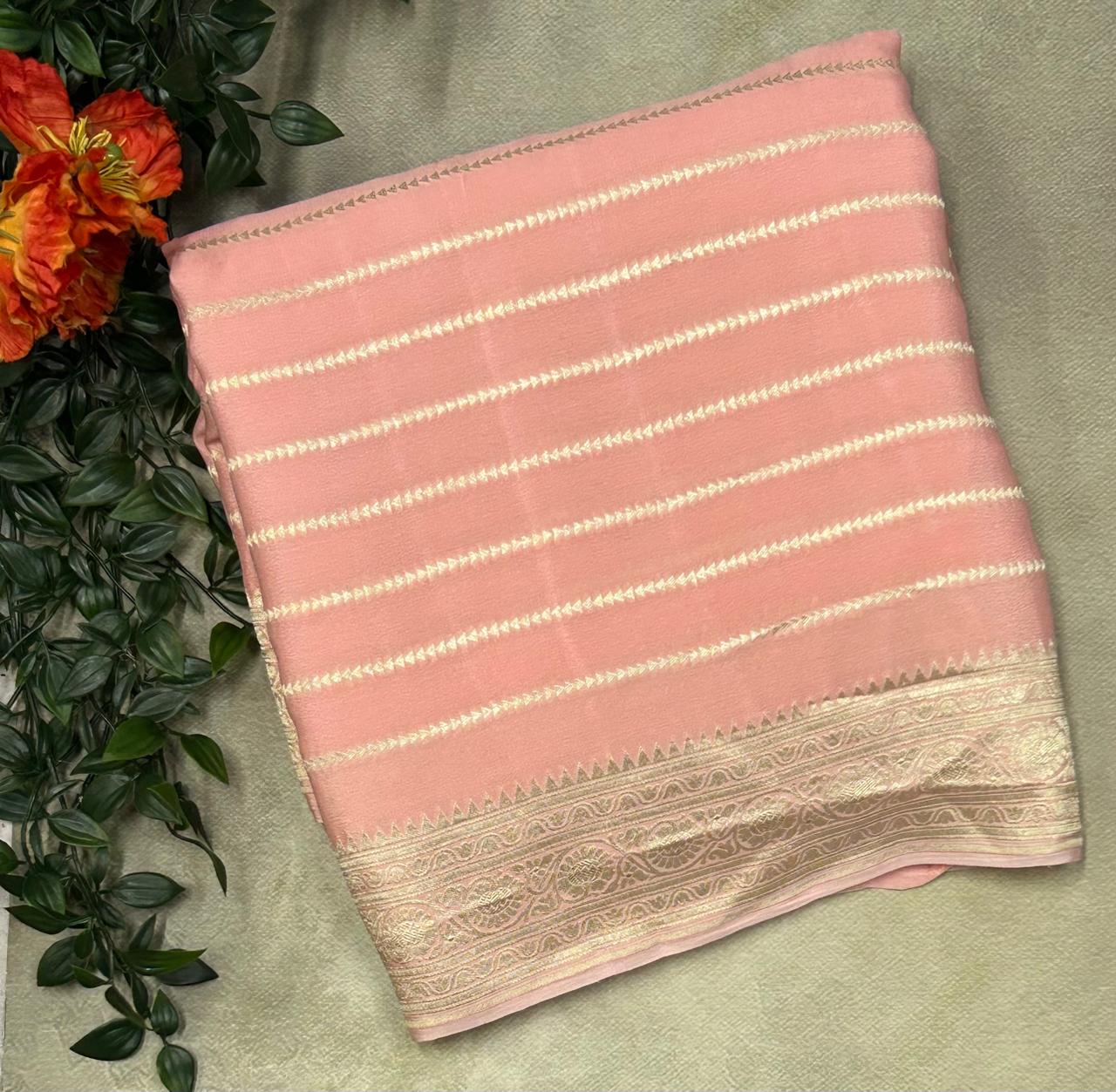 Baby pink stripes pure silver benarasi 103 crepe silk saree