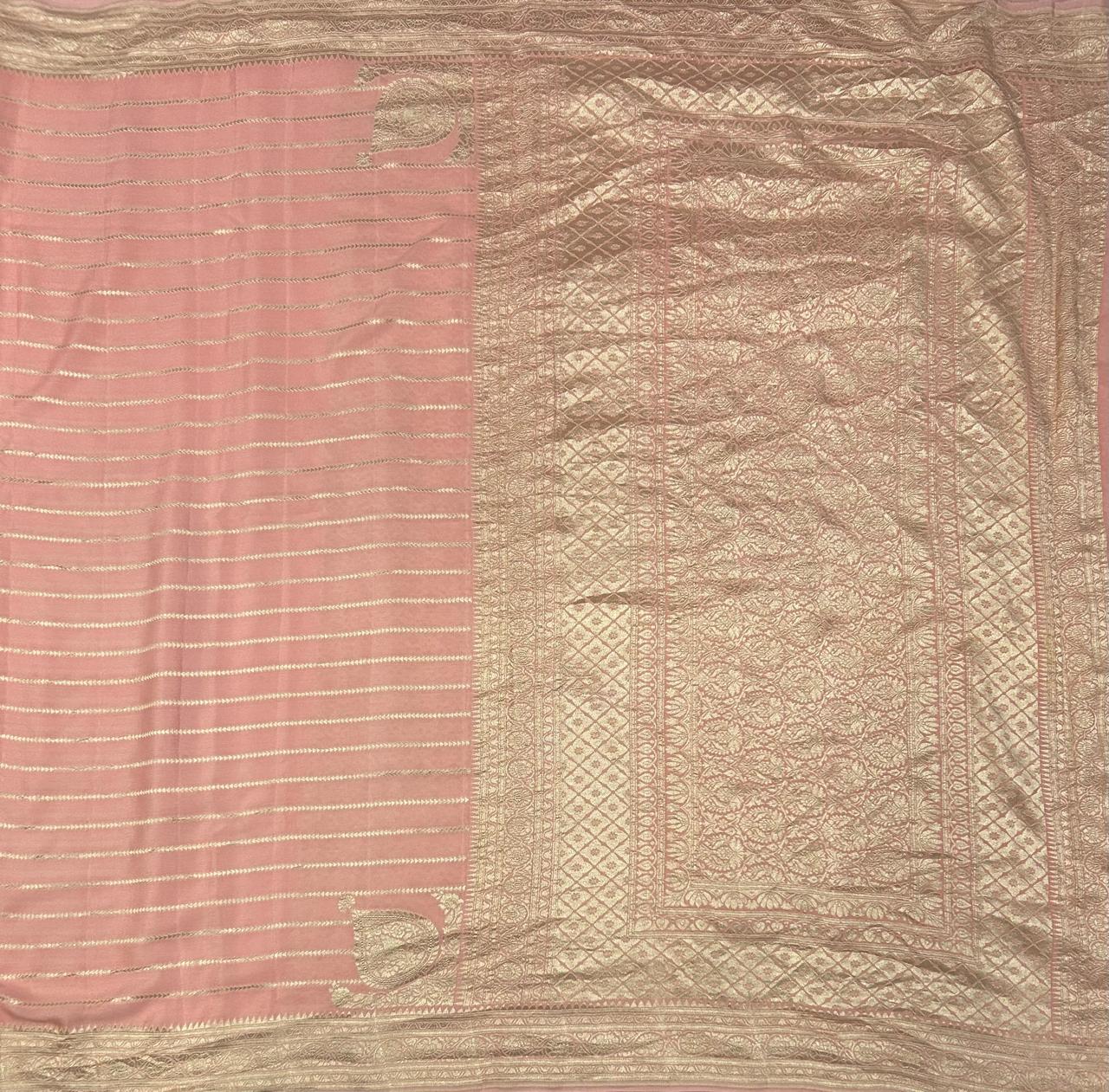 Baby pink stripes pure silver benarasi 103 crepe silk saree