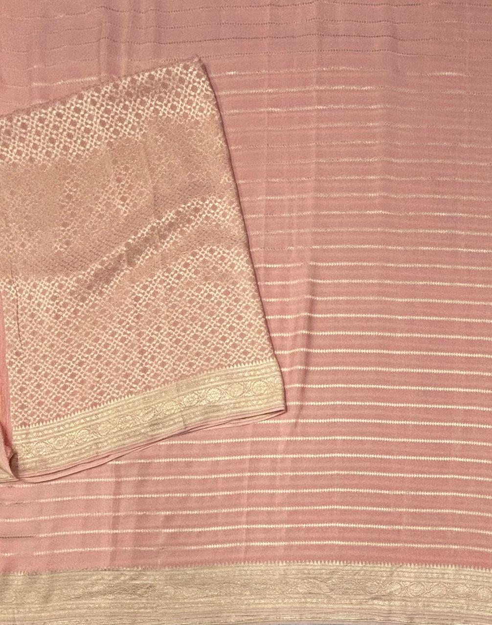 Baby pink stripes pure silver benarasi 103 crepe silk saree