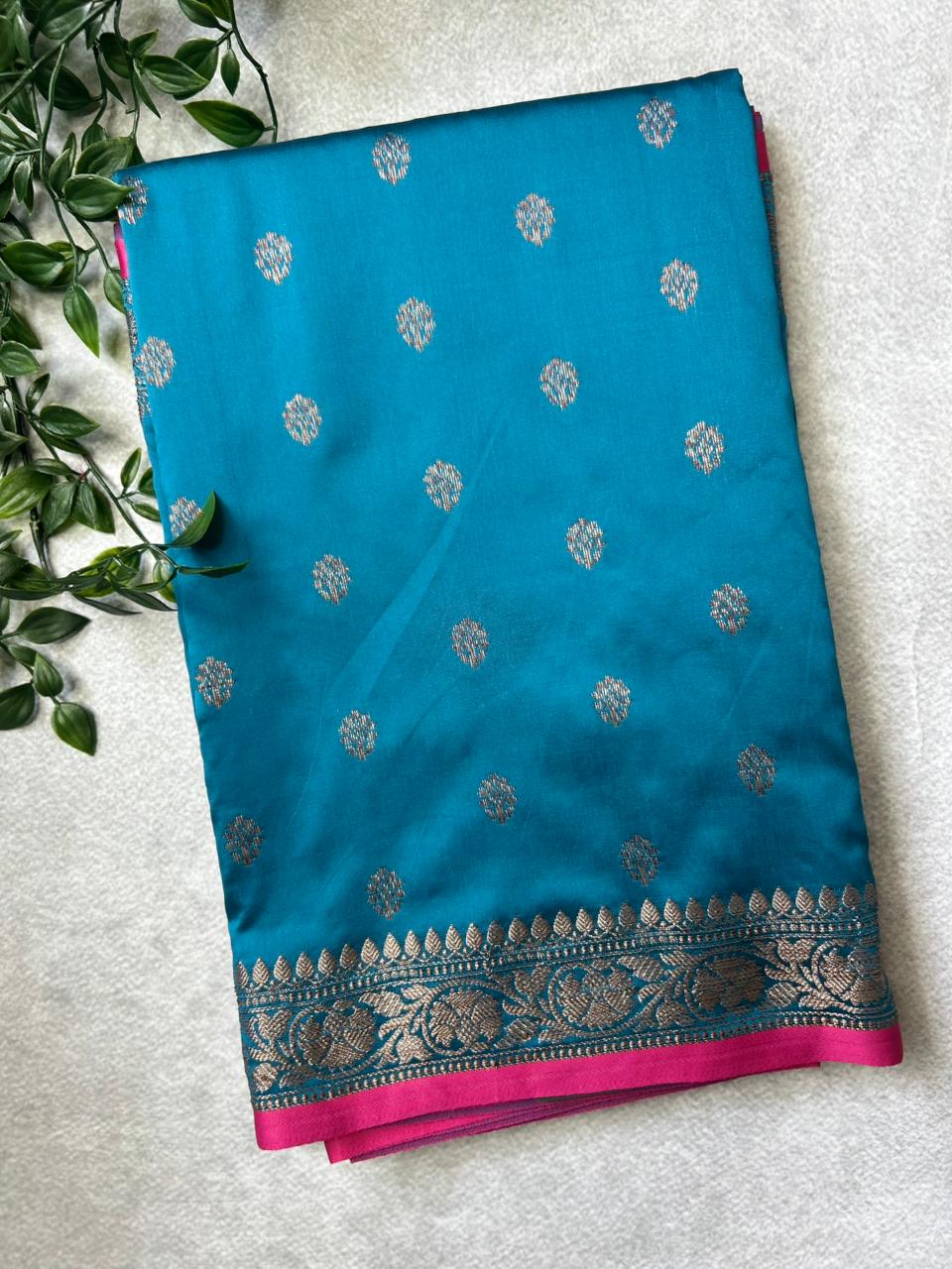 Teal blue n pink semi banarasi silk saree
