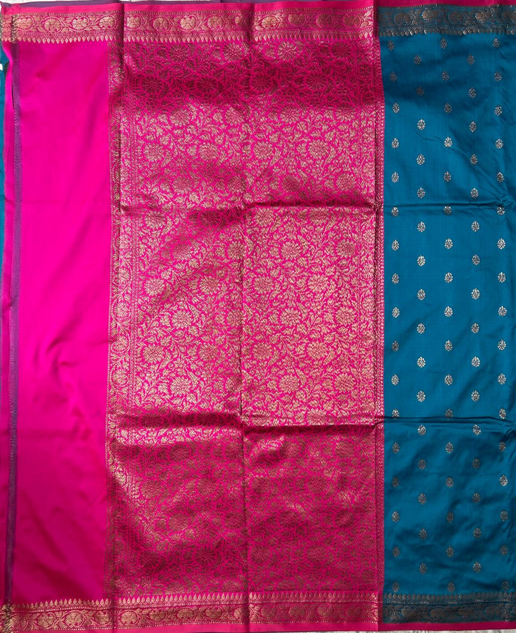 Teal blue n pink semi banarasi silk saree