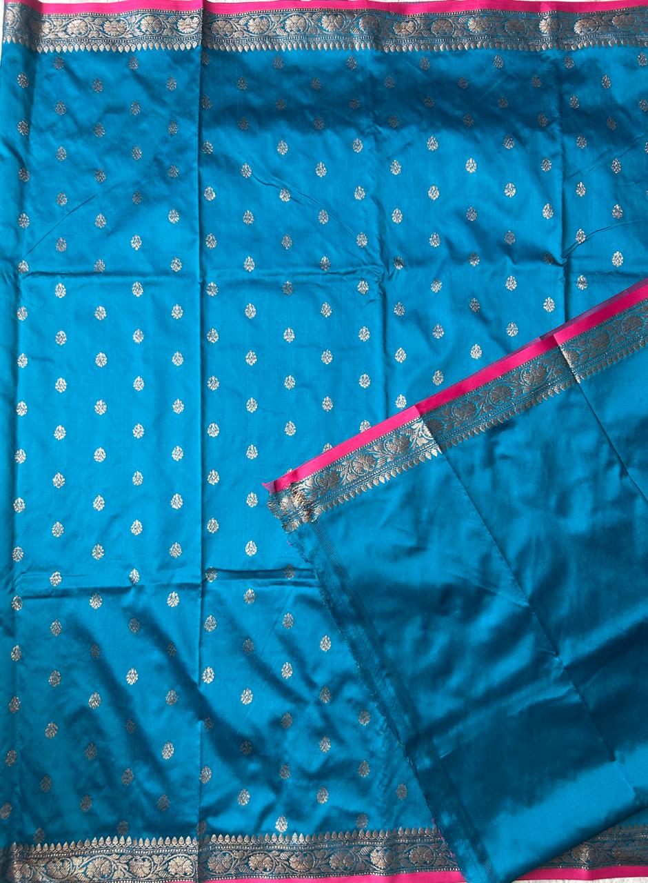 Teal blue n pink semi banarasi silk saree