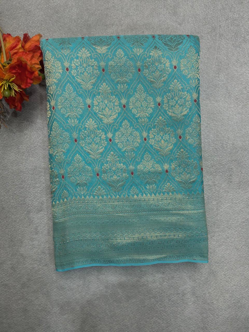Teal blue brocade pure mysore silk 104 saree