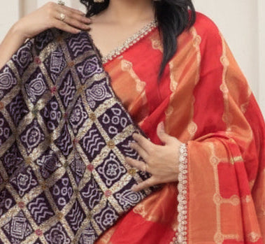 Red stripes scallop border party wear 104 saree