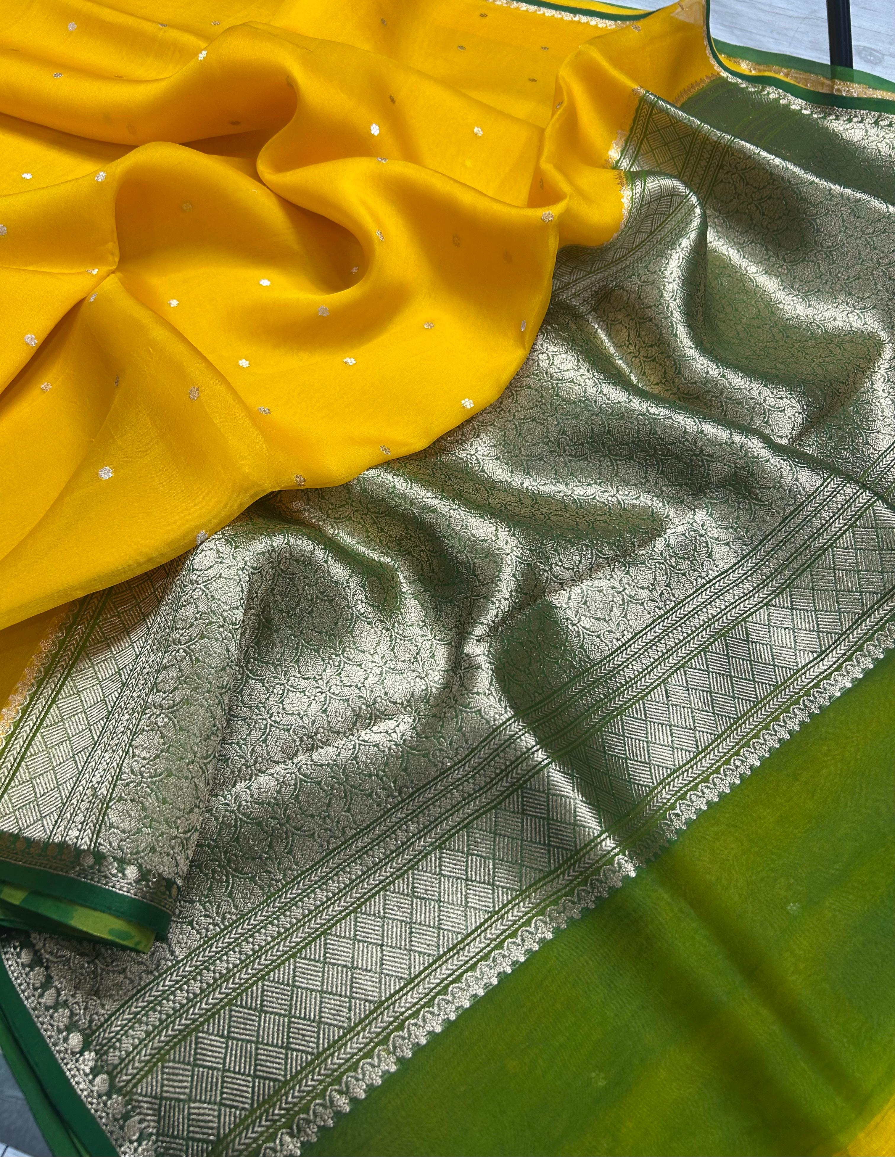 Yellow pure kora 105 organza silk saree