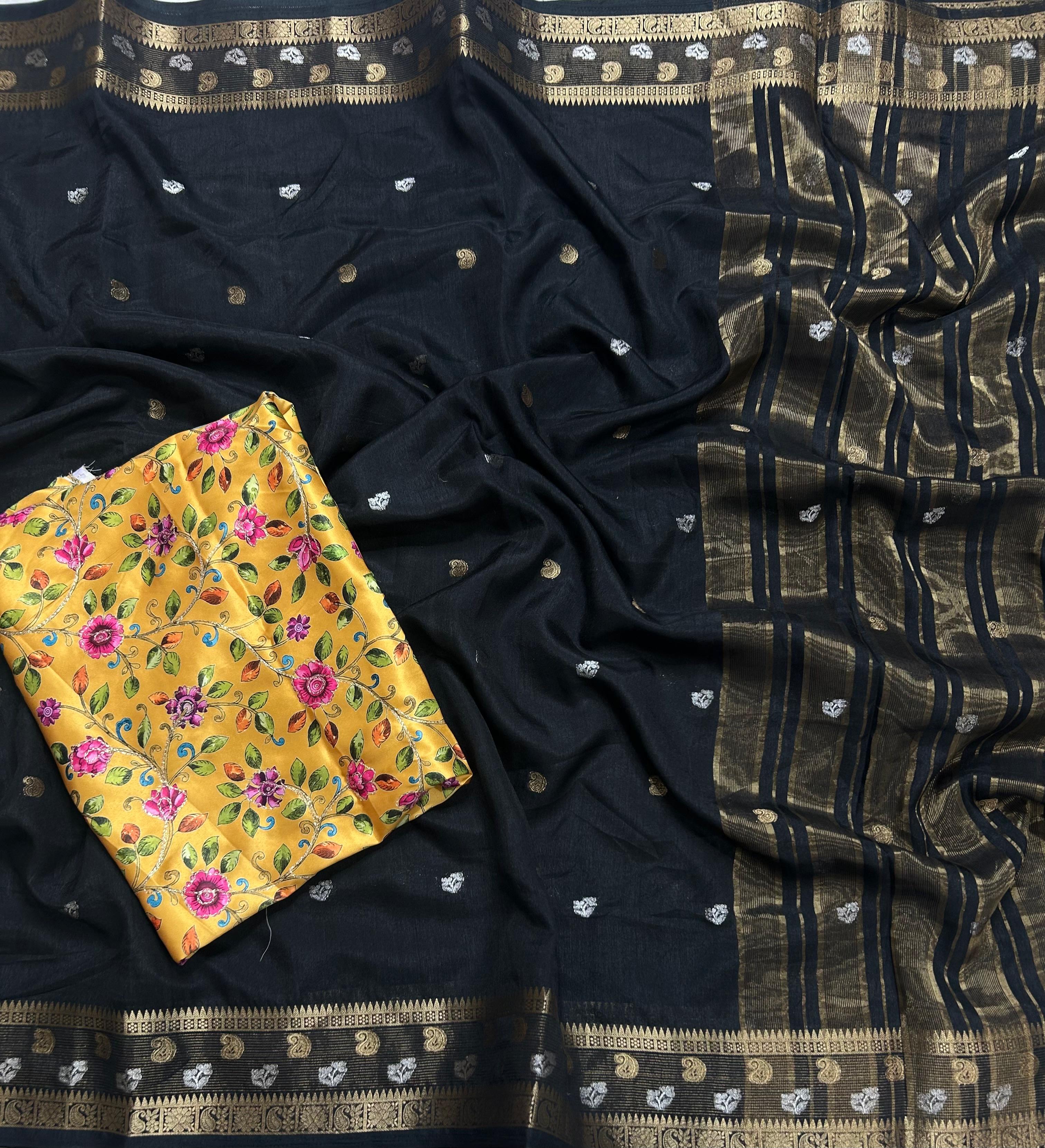 Black with kalamkari blouse soft tussar crepe 105 saree