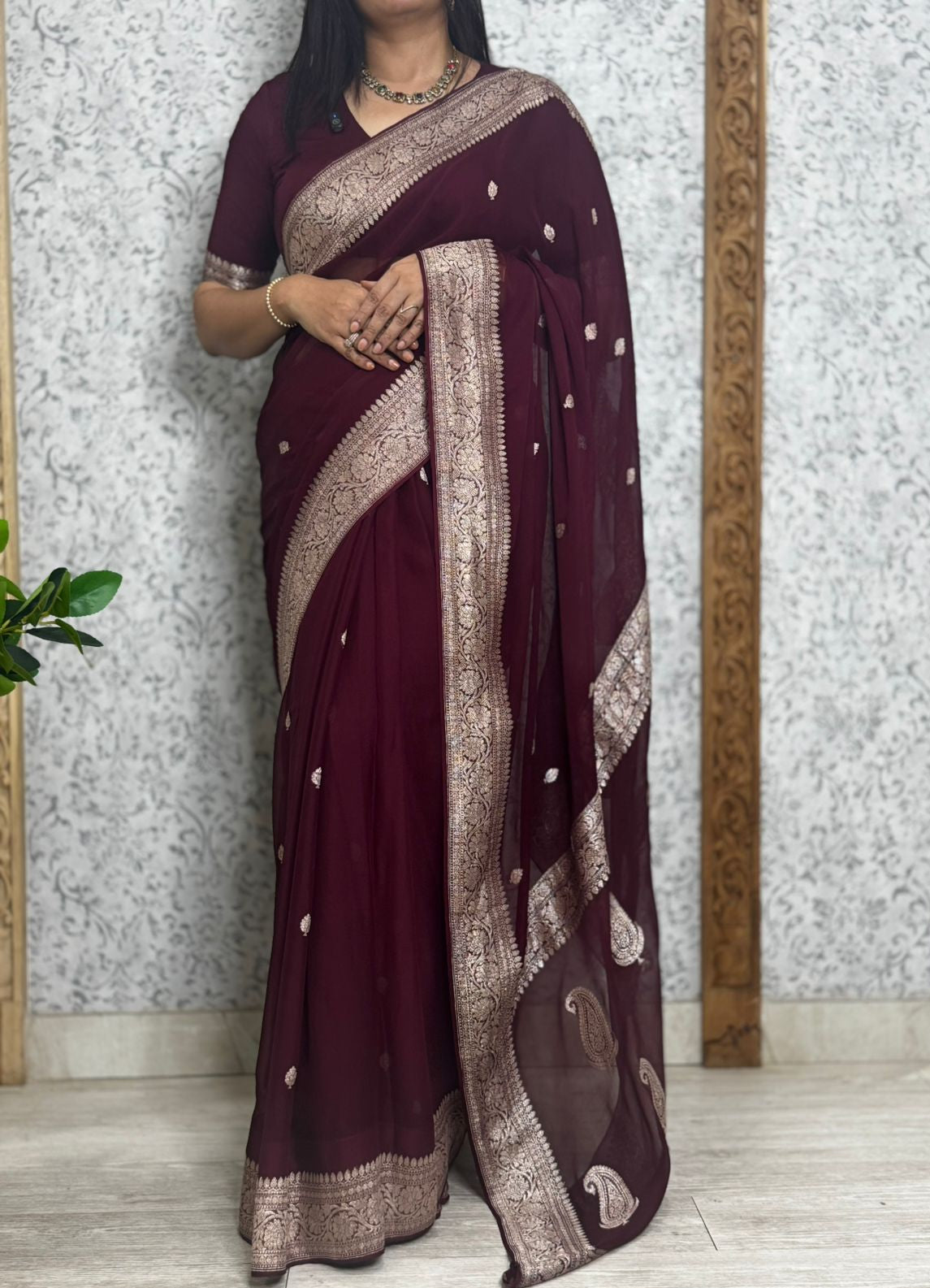 Burgandy benarasi pure chiffon saree