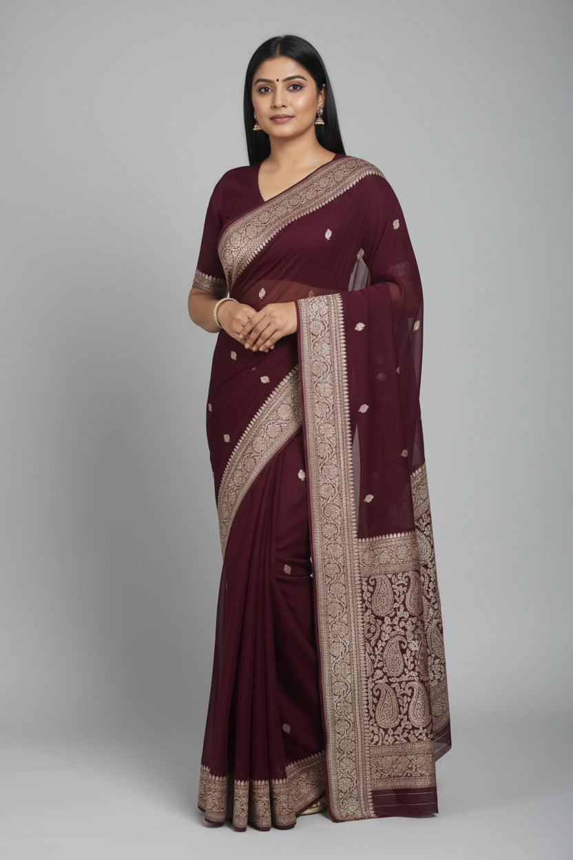 Burgandy benarasi pure chiffon saree