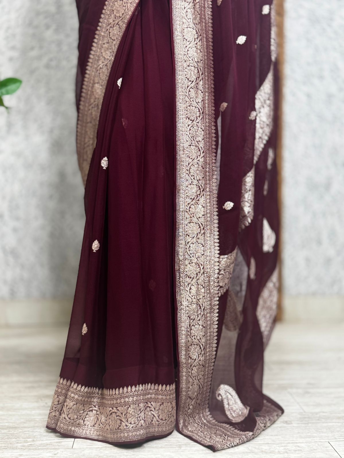 Burgandy benarasi pure chiffon saree