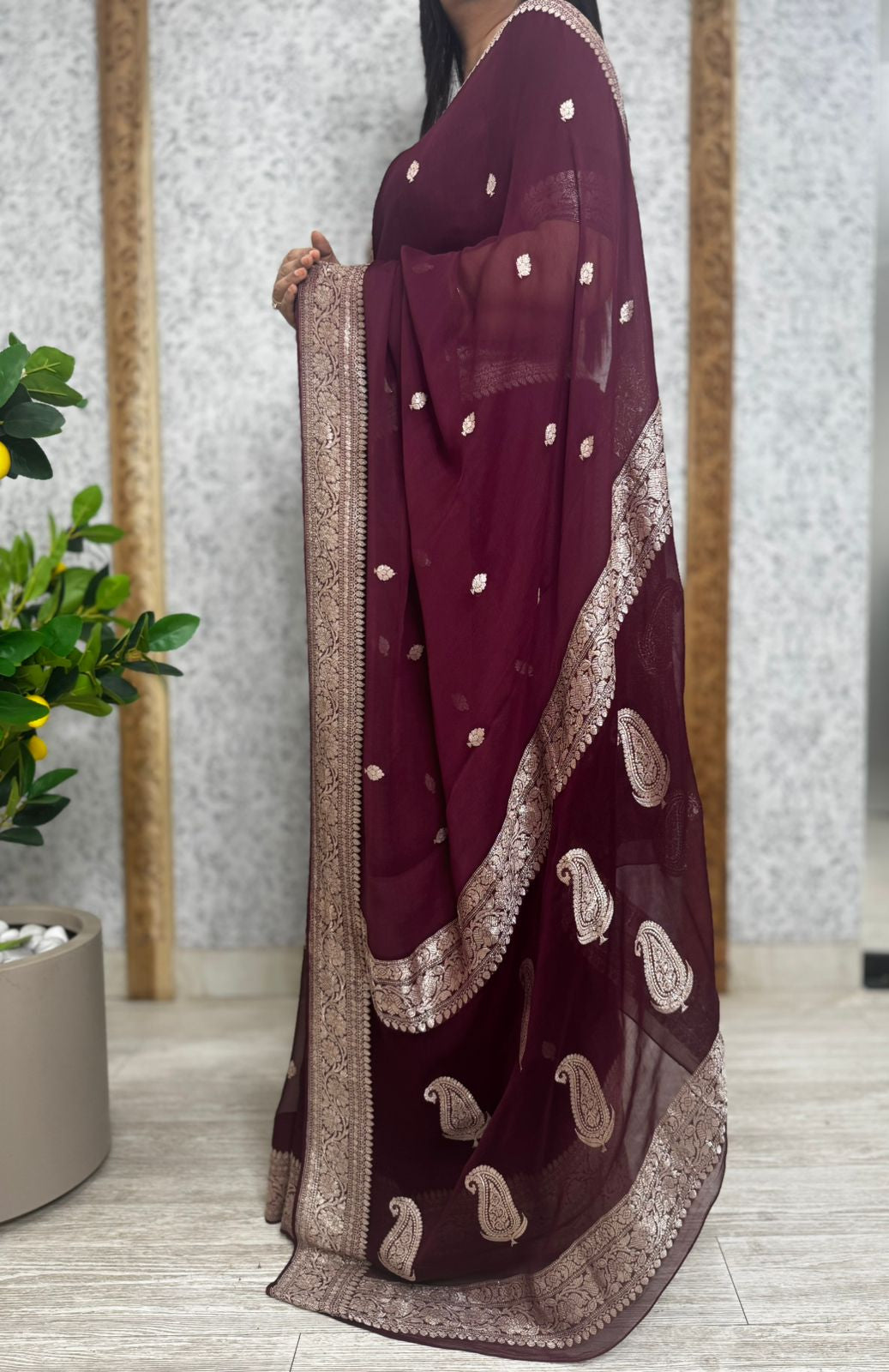 Burgandy benarasi pure chiffon saree