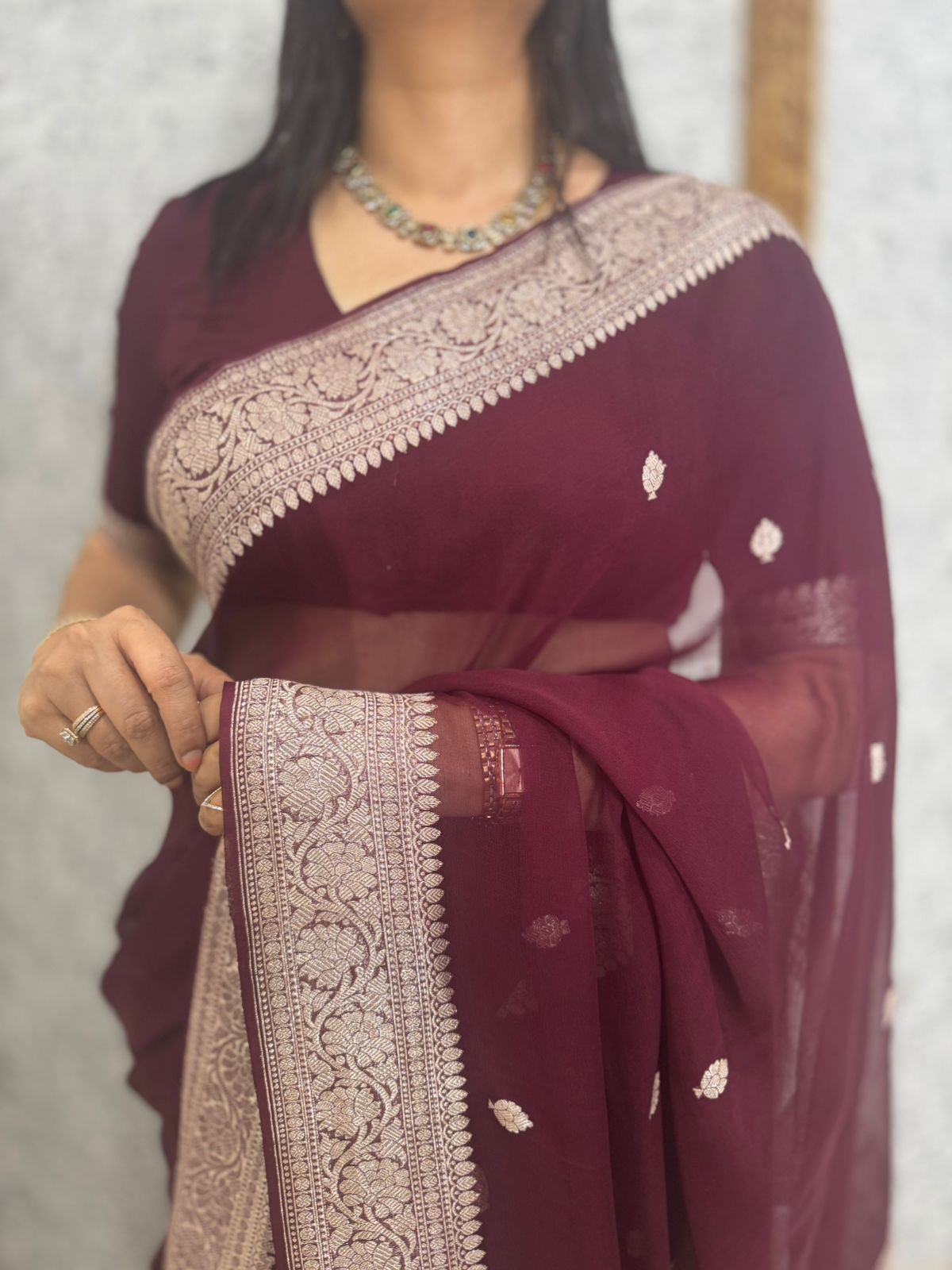 Burgandy benarasi pure chiffon saree