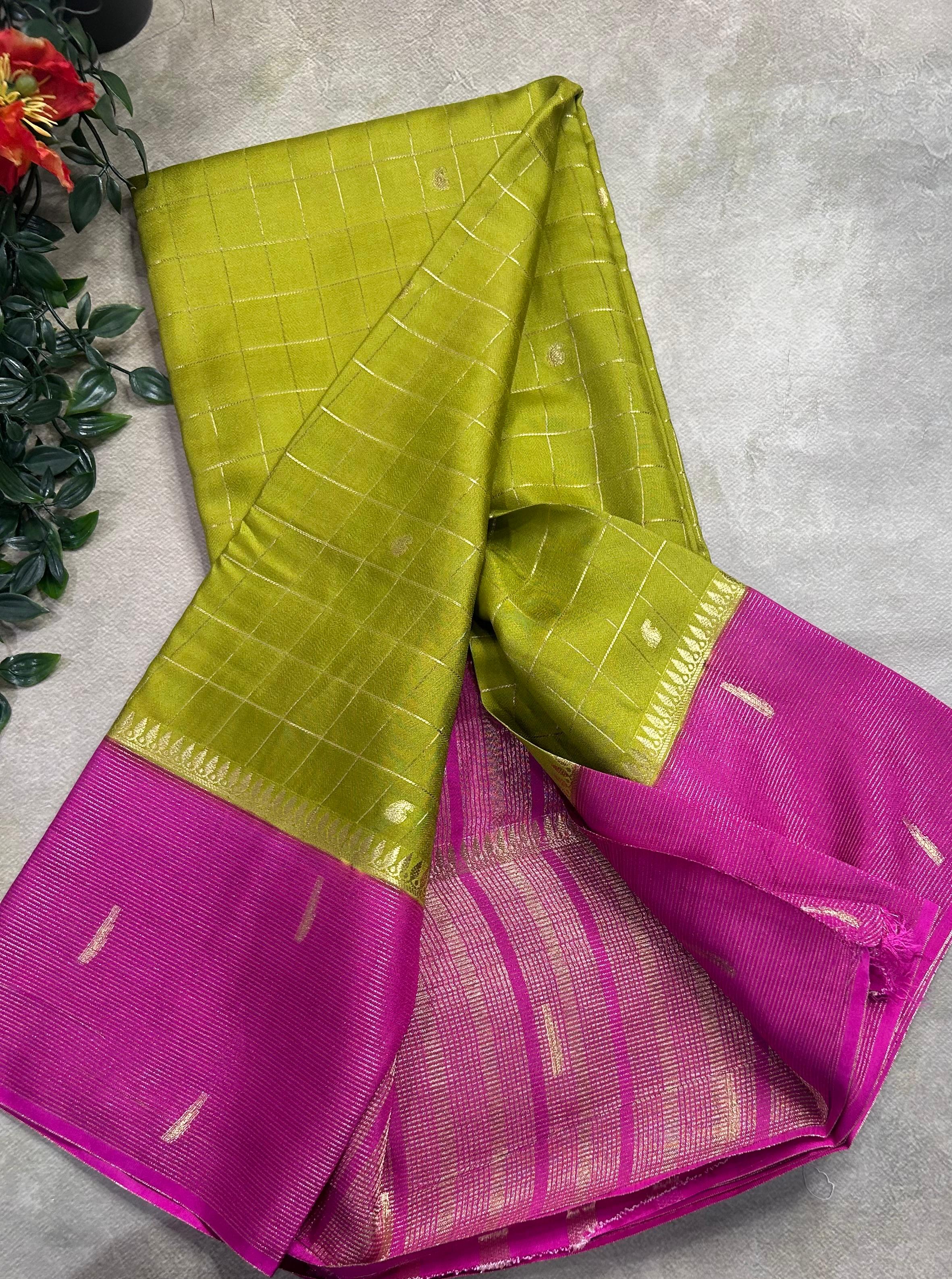 Olive green checks semi Mysore crepe 106 saree