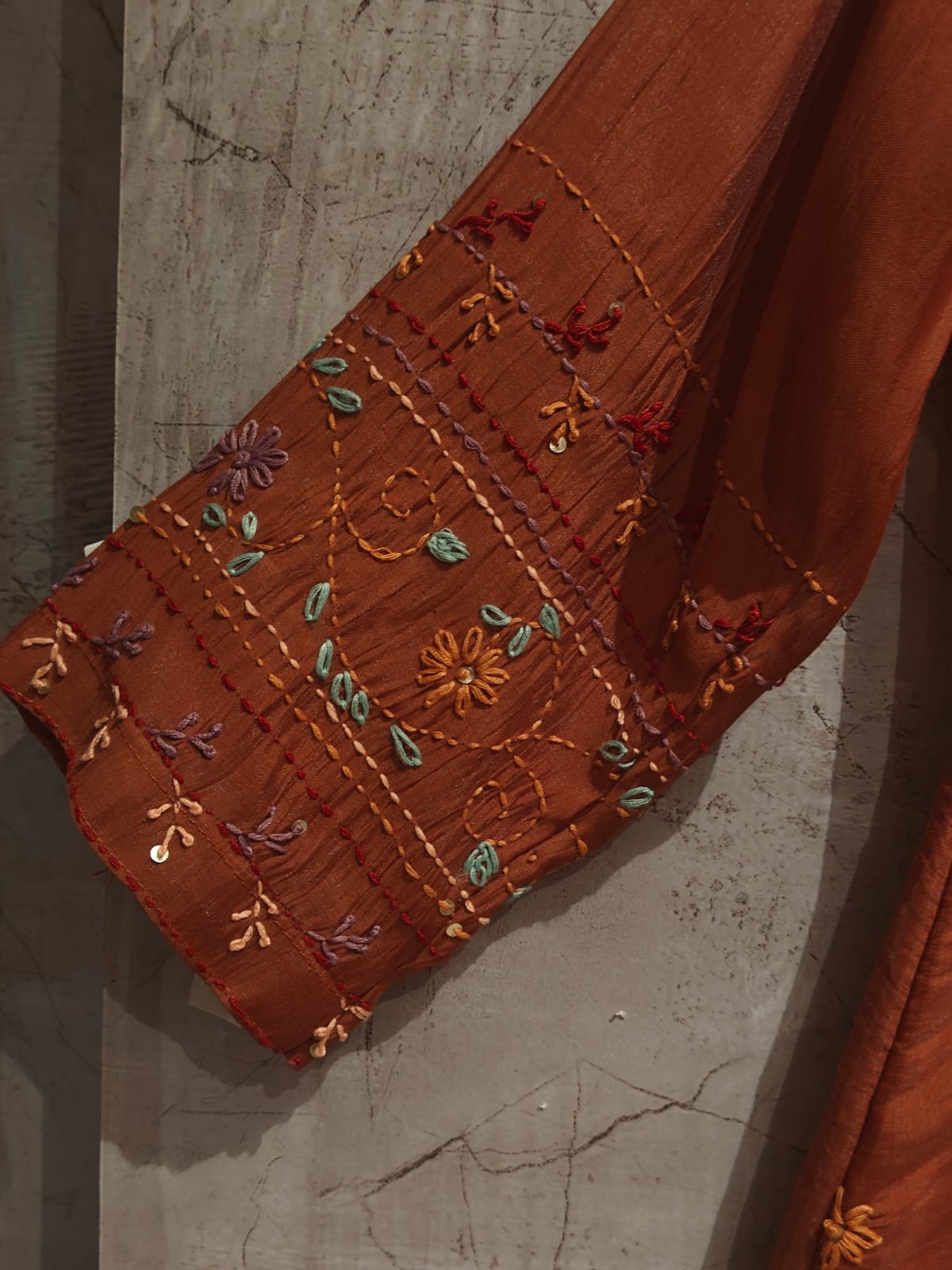 Rust Orange Mul  Chanderi Thread Embroidery A Line Kurtha 63