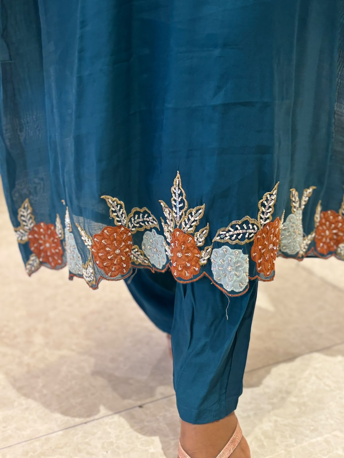 Steal Blue Mul Chanderi Thread Embroidery A Line Kurtha 63