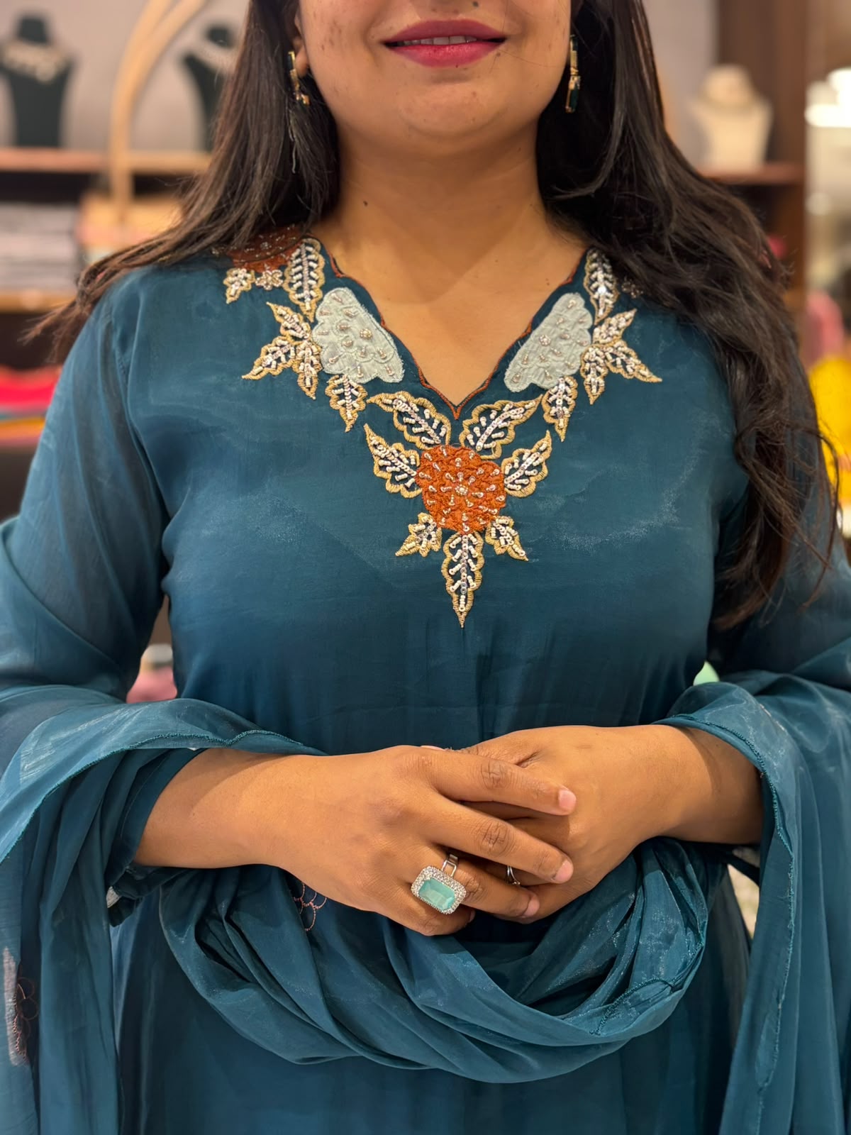 Steal Blue Mul Chanderi Thread Embroidery A Line Kurtha 63