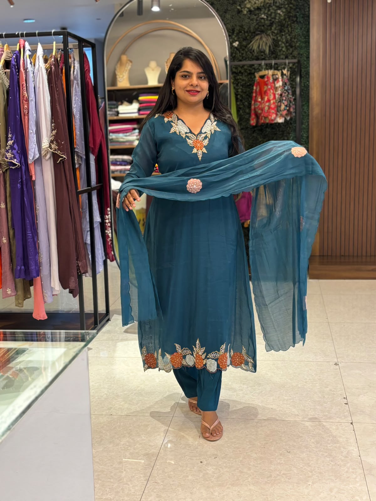 Steal Blue Mul Chanderi Thread Embroidery A Line Kurtha 63
