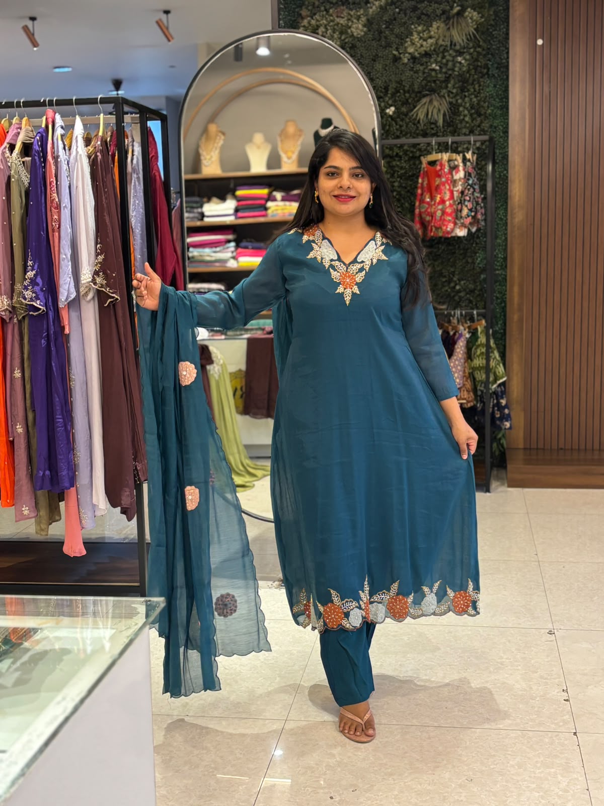 Steal Blue Mul Chanderi Thread Embroidery A Line Kurtha 63