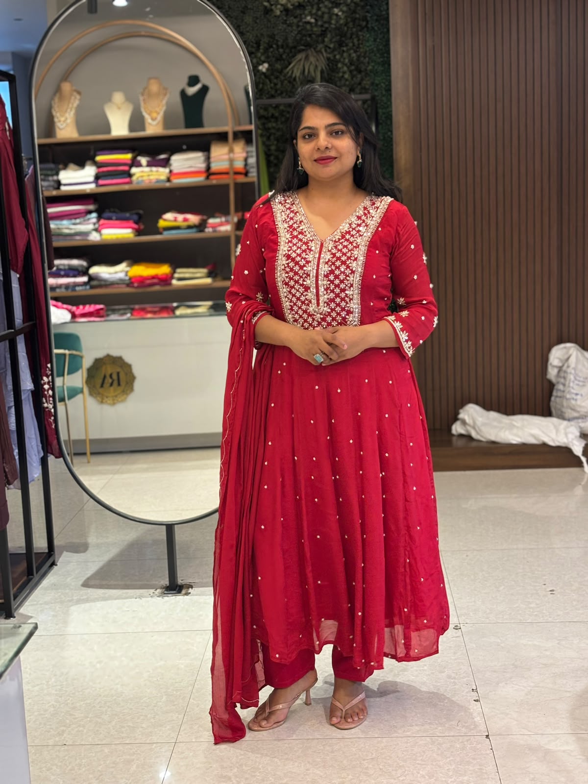 Red Anarkali Chinnon Hand Embroidery Kurtha 567