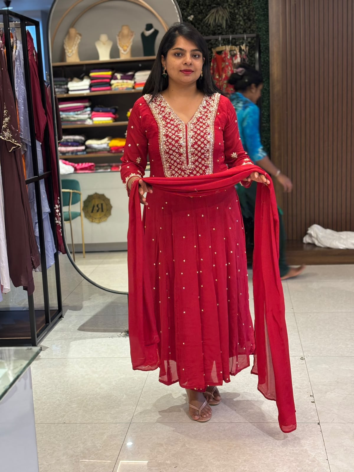 Red Anarkali Chinnon Hand Embroidery Kurtha 567