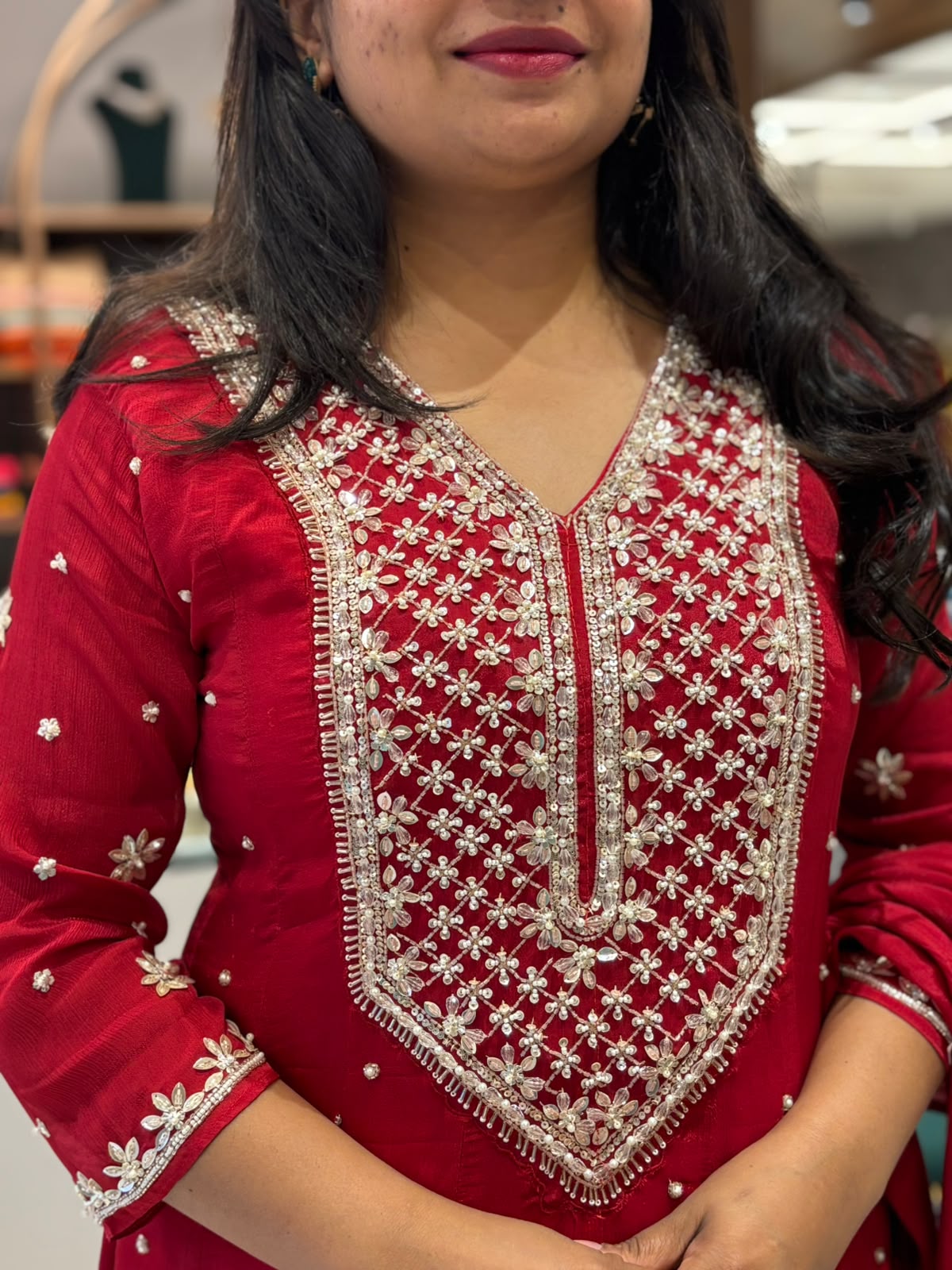 Red Anarkali Chinnon Hand Embroidery Kurtha 567