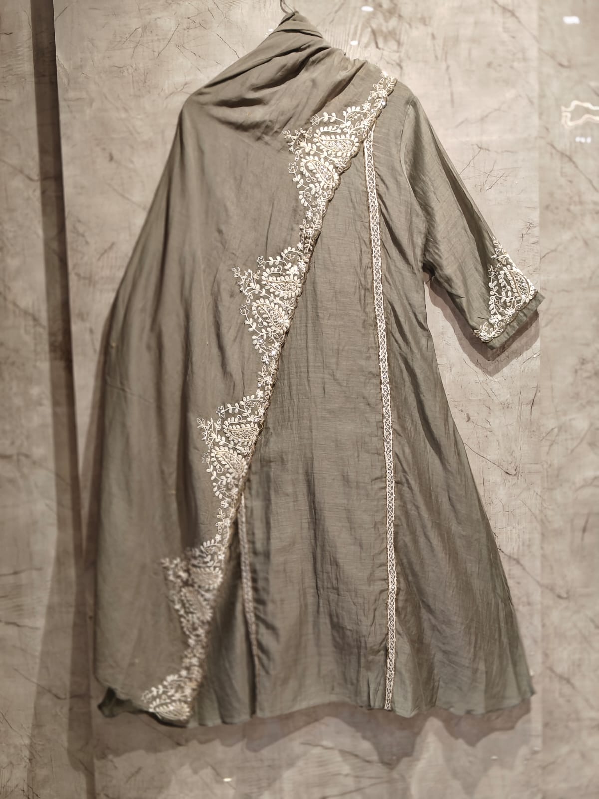 Grey Mul Chanderi Thread Embroidery A Line Kurtha 447