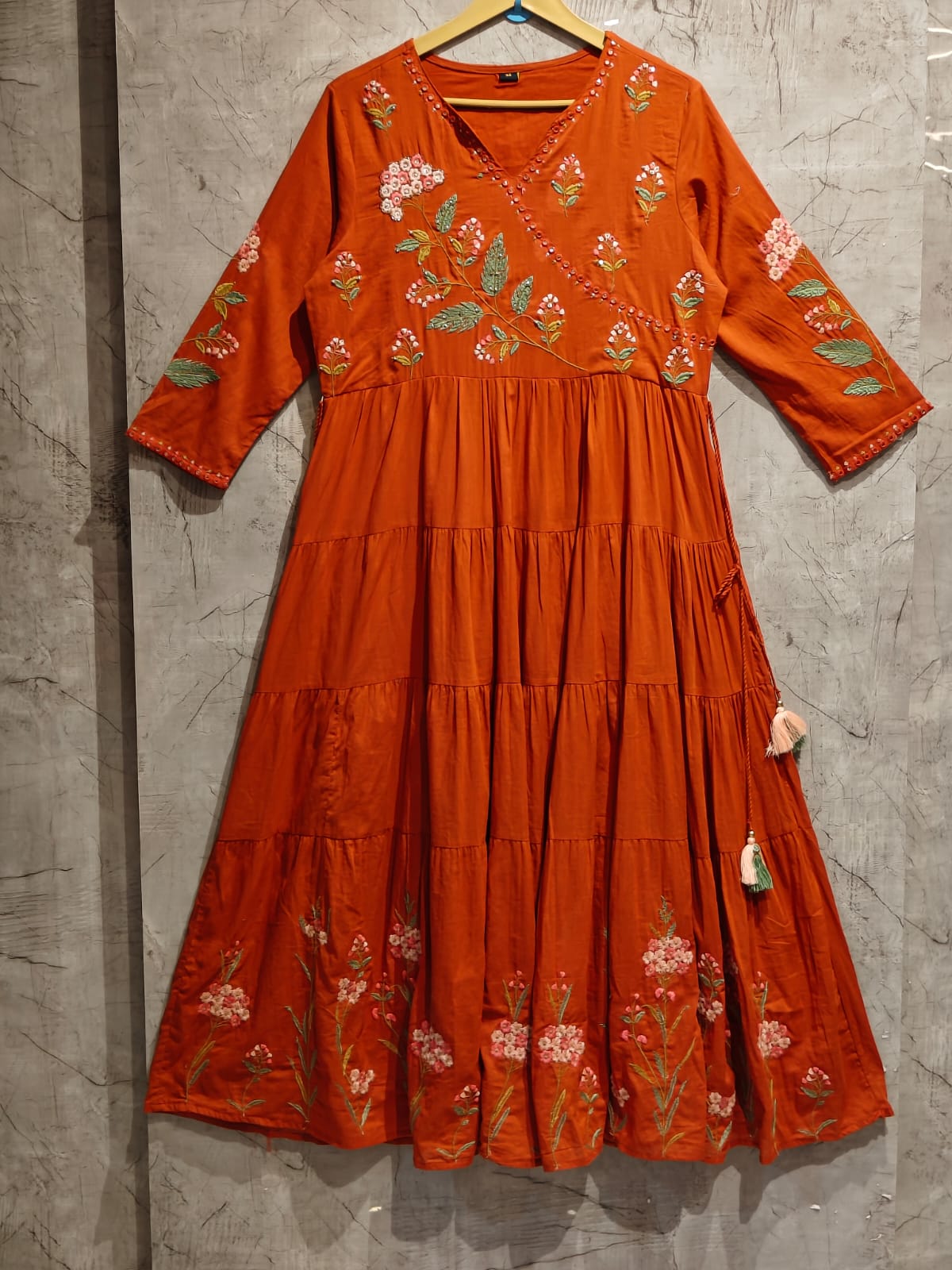 Orange Mul Cotton Hand Embroidery Anarkali Kurtha 882