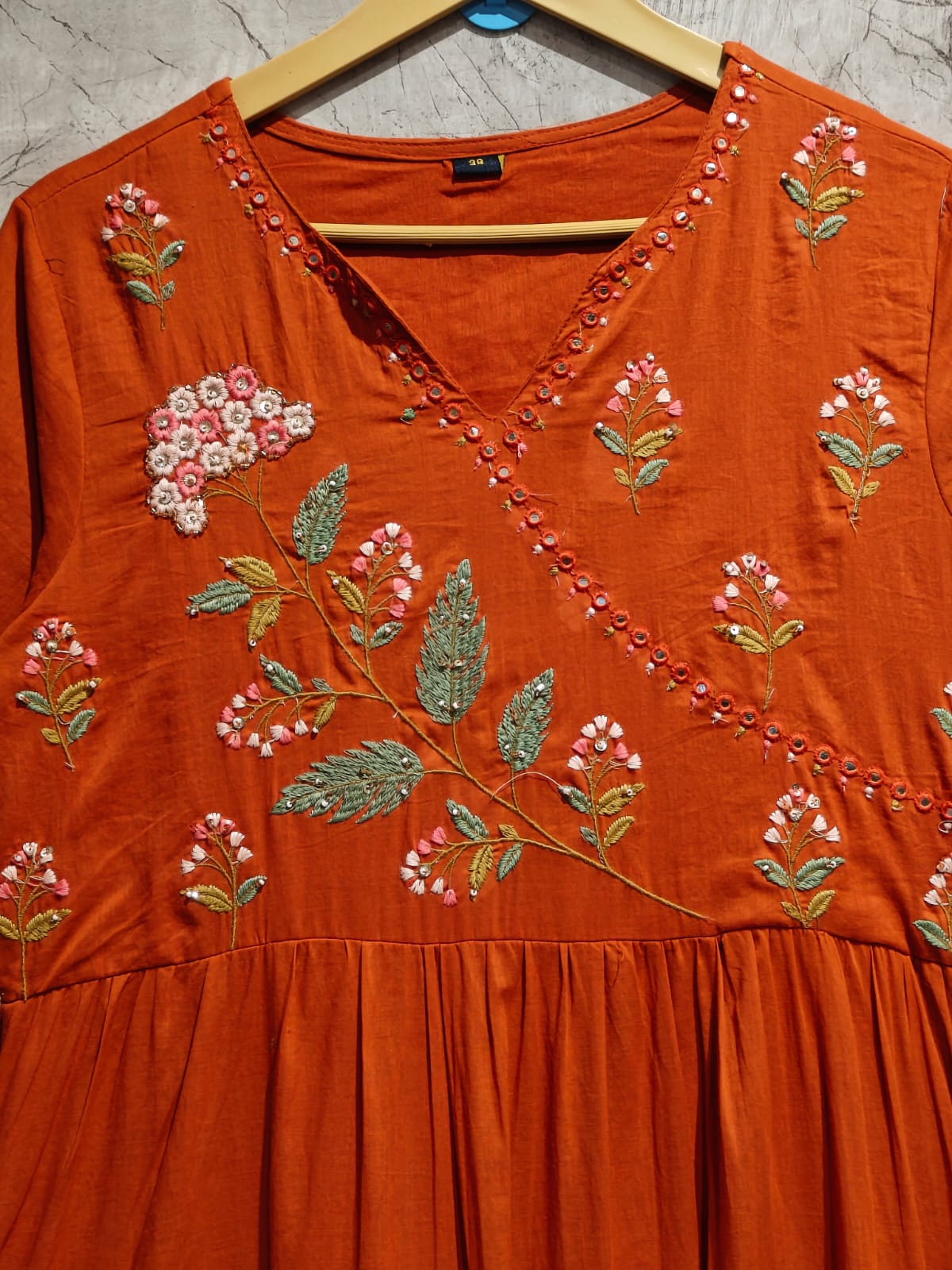 Orange Mul Cotton Hand Embroidery Anarkali Kurtha 882